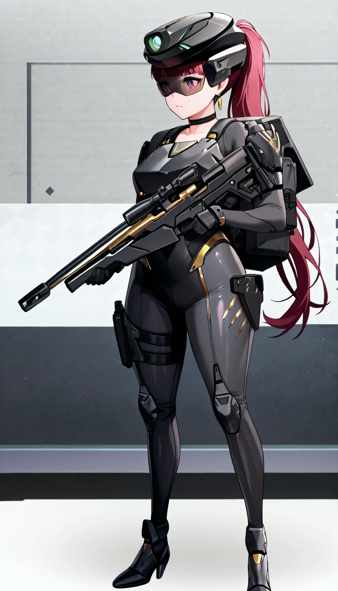 score_9, score_8_up, score_7_up,anime_screenshot,OFFICIAL ART,anime coloring, official anime artwork, screencap, anime screencap,uncensored,Newest,NIKKE style,BREAK,1girl,solo,nikkedollasuit,ponytail,BREAK,Sniper Rifle,helmet,sniper glasses,(black armor with gold line:1.3),black sci-fi bodysuit,black gloves,golden jewelries on collar,golden earrings, black holster on thigh,black choker,backpack,BREAK,Nikkepose,standing,BREAK,full body,from front,sci-fi,battle field