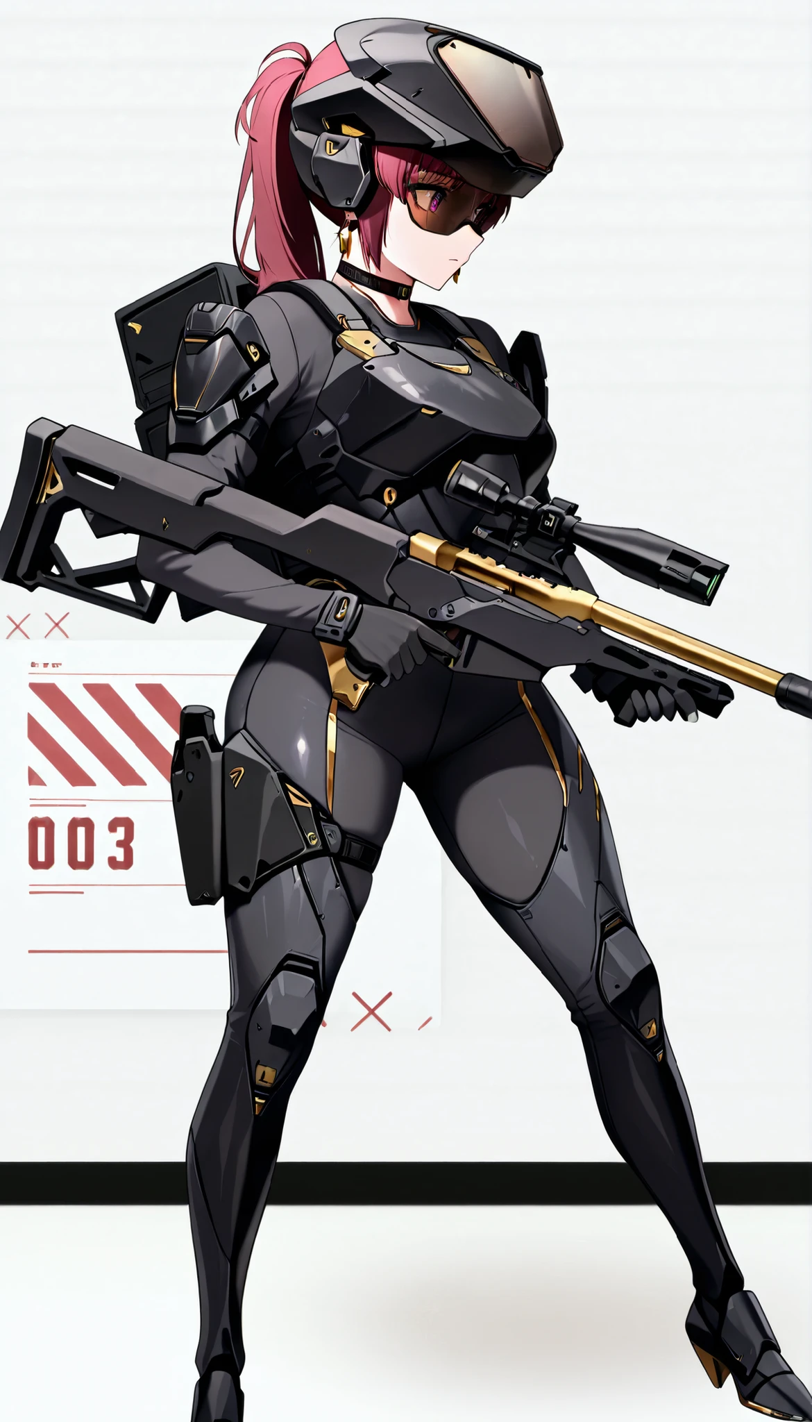 score_9, score_8_up, score_7_up,anime_screenshot,OFFICIAL ART,anime coloring, official anime artwork, screencap, anime screencap,uncensored,Newest,NIKKE style,BREAK,1girl,solo,nikkedollasuit,ponytail,BREAK,(Sniper Rifle),full face helmet,sniper glasses,(black armor with gold line:1.5),black sci-fi bodysuit,black gloves,golden jewelries on collar,golden earrings, black holster on thigh,black choker,backpack,BREAK,Nikkepose,standing,BREAK,full body,from front,sci-fi,battle field