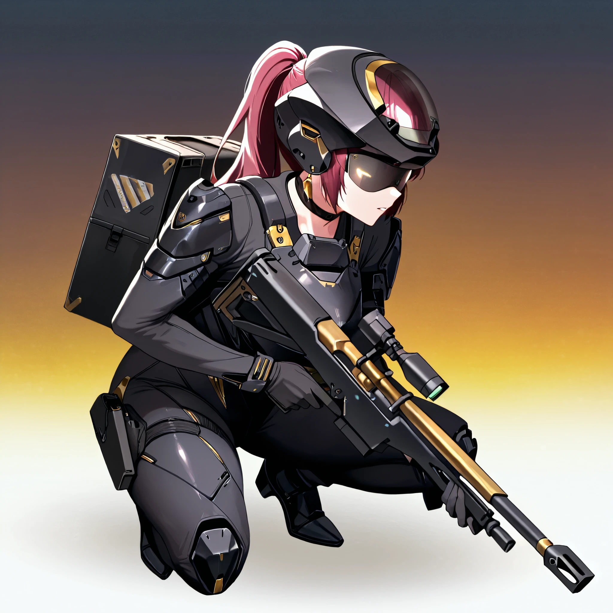 score_9, score_8_up, score_7_up,anime_screenshot,OFFICIAL ART,anime coloring, official anime artwork, screencap, anime screencap,uncensored,Newest,NIKKE style,BREAK,1girl,solo,nikkedollasuit,ponytail,BREAK,(Sniper Rifle),full face helmet,sniper glasses,(black armor with gold line:1.5),black sci-fi bodysuit,black gloves,golden jewelries on collar,golden earrings, black holster on thigh,black choker,backpack,BREAK,Nikkepose,squatting,BREAK,full body,from front,sci-fi,battle field