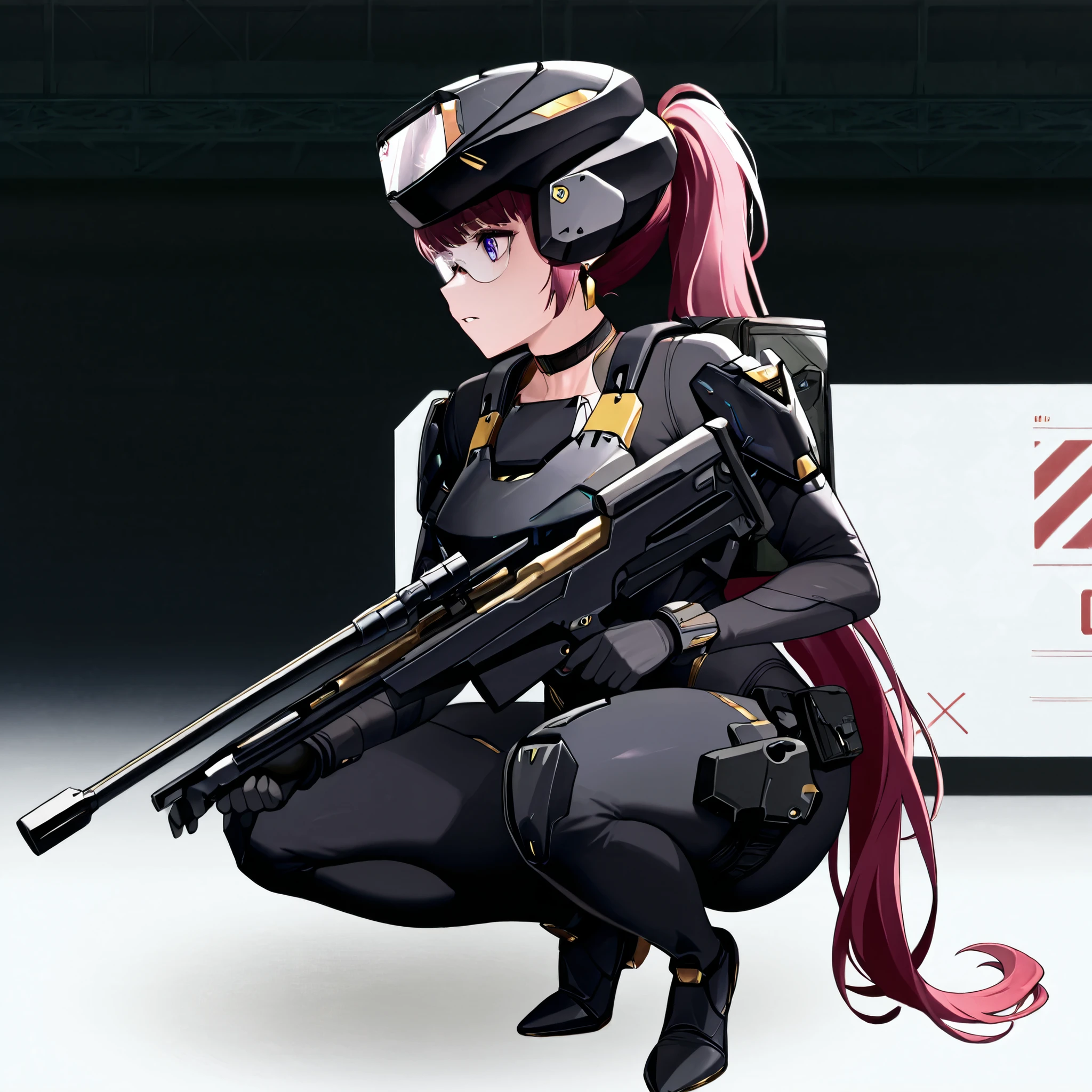 score_9, score_8_up, score_7_up,anime_screenshot,OFFICIAL ART,anime coloring, official anime artwork, screencap, anime screencap,uncensored,Newest,NIKKE style,BREAK,1girl,solo,nikkedollasuit,ponytail,BREAK,(Sniper Rifle),full face helmet,sniper glasses,(black armor with gold line:1.5),black sci-fi bodysuit,black gloves,golden jewelries on collar,golden earrings, black holster on thigh,black choker,backpack,BREAK,Nikkepose,squatting,BREAK,full body,from front,sci-fi,battle field