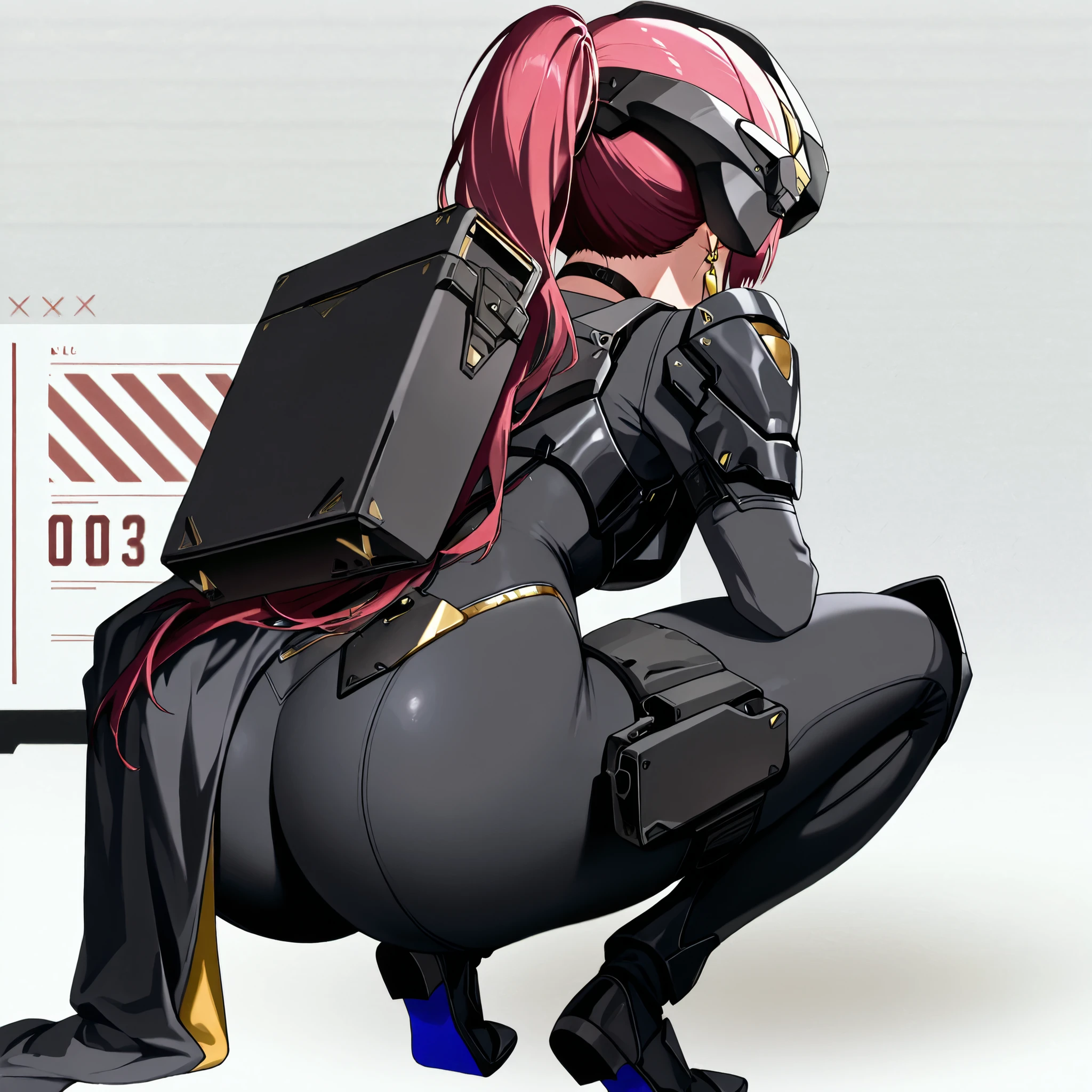 score_9, score_8_up, score_7_up,anime_screenshot,OFFICIAL ART,anime coloring, official anime artwork, screencap, anime screencap,uncensored,Newest,NIKKE style,BREAK,1girl,solo,nikkedollasuit,ponytail,BREAK,(Sniper Rifle),full face helmet,sniper glasses,(black armor with gold line:1.5),black sci-fi bodysuit,black gloves,golden jewelries on collar,golden earrings, black holster on thigh,black choker,backpack,BREAK,Nikkepose,squatting,BREAK,full body,from behind,sci-fi,background battle field