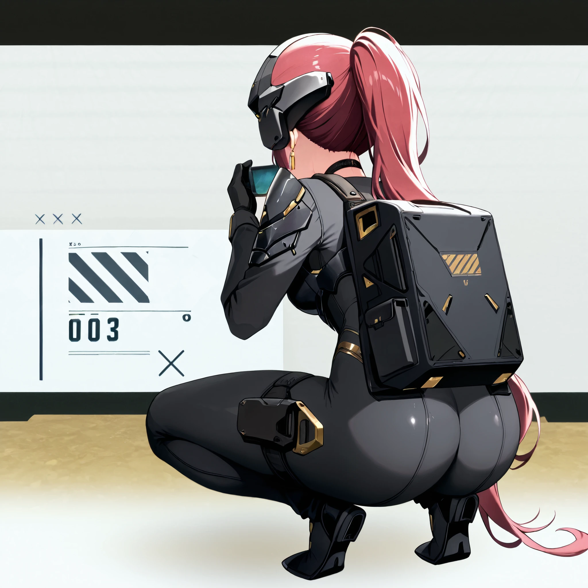 score_9, score_8_up, score_7_up,anime_screenshot,OFFICIAL ART,anime coloring, official anime artwork, screencap, anime screencap,uncensored,Newest,NIKKE style,BREAK,1girl,solo,nikkedollasuit,ponytail,BREAK,(Sniper Rifle),full face helmet,sniper glasses,(black armor with gold line:1.5),black sci-fi bodysuit,black gloves,golden jewelries on collar,golden earrings, black holster on thigh,black choker,backpack,BREAK,Nikkepose,squatting,BREAK,full body,from behind,sci-fi,background battle field