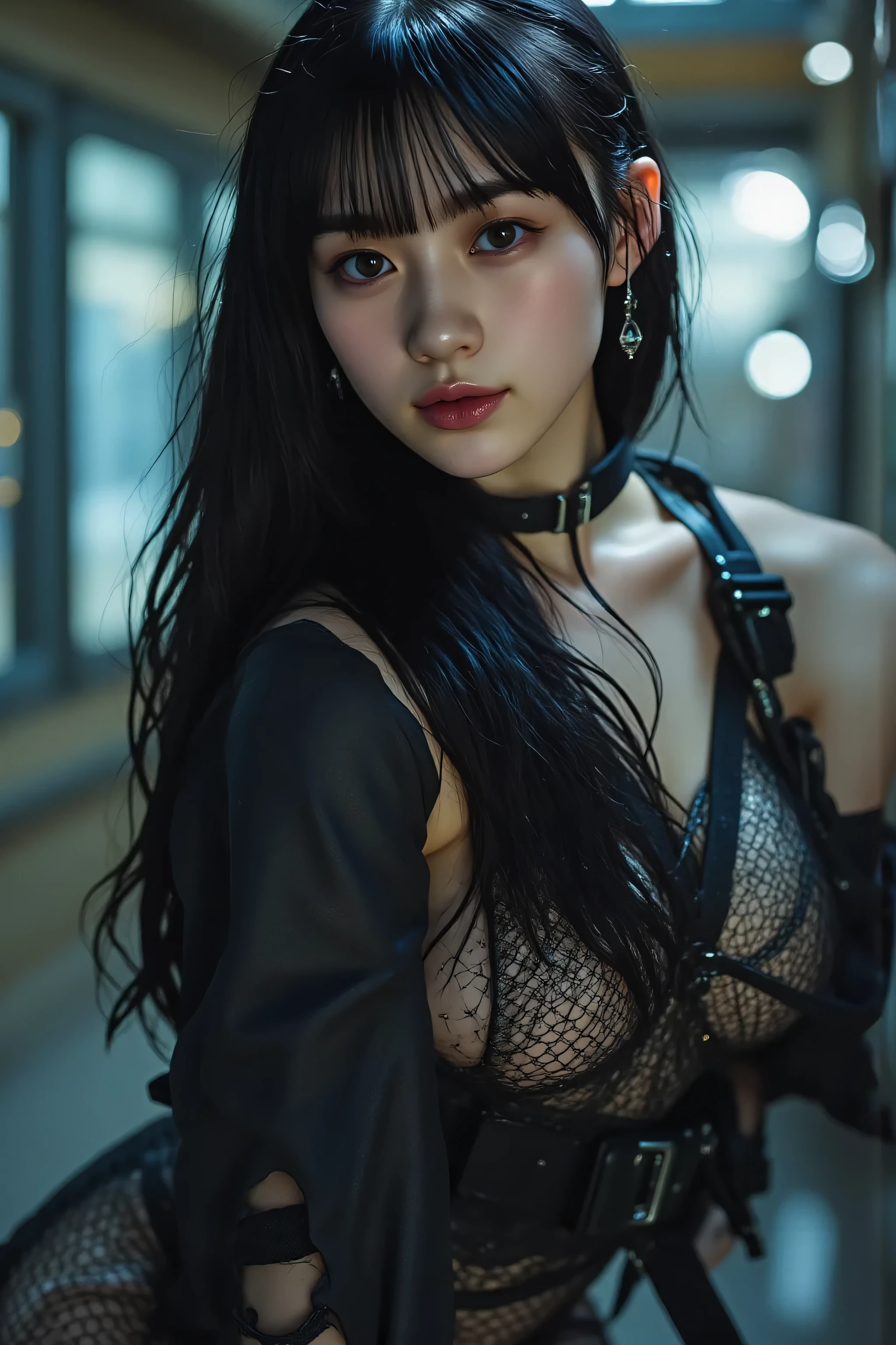 (((The interior of the Nostromo with no light at all:2.0))),(((HR Gigger Style Cyberpunk Atmosphere:2.0))),(((Side view from back:2.0))),(((looks back at the camera:2.0))),((and look back over your shoulder:2.0)),((Full Body:2.0)),one woman,(cute face:2.0),(Beautiful well-balanced face :2.0),((wavy black hair:2.0)),(beautiful eyes:1.3),glamorous shot of a 20-year-old Japanese woman,Beautiful Slender Body,(((model body type:2.0))),((slim body:2.0)),smooth lotion,ideal proportions,(big breasts:2.0),((スリーサイズ90-58-86:3.0)),((G cup breasts:2.0)),Big Breasts,Bare thighs,sensual thighs,delicate body,(muscular:1.5)((T-back:2.0)),natural posture,((beautiful tight butt:2.0)),((cute ass:2.0)),((carefully depicts limbs based on perfect anatomy:2.0)),((Black Special Forces Style Harness Super High Leg Leotard:2.0)),(((ラテックス製の超T-backパンティ:2.0))),(((thick fishnet tights:2.0))),((tactical holster:2.05)),(Gloves:1.3),Concept Art,(Highest Quality:1.5),(masterpiece:1.5),(超高Resolution),Resolution,UHD,(Delicate Depiction),carefully drawn,32k,((Realistic Skin Texture:1.5)),(((Ultra Realistic:1.5))),carefully drawn eyelashes,Highly Detailed Face,highly detailed female hands,very sensual,(Blurry, dim background:1.5),professional photography,(Movie Lights:2.0),((Blade Runner Style Lighting:2.0))