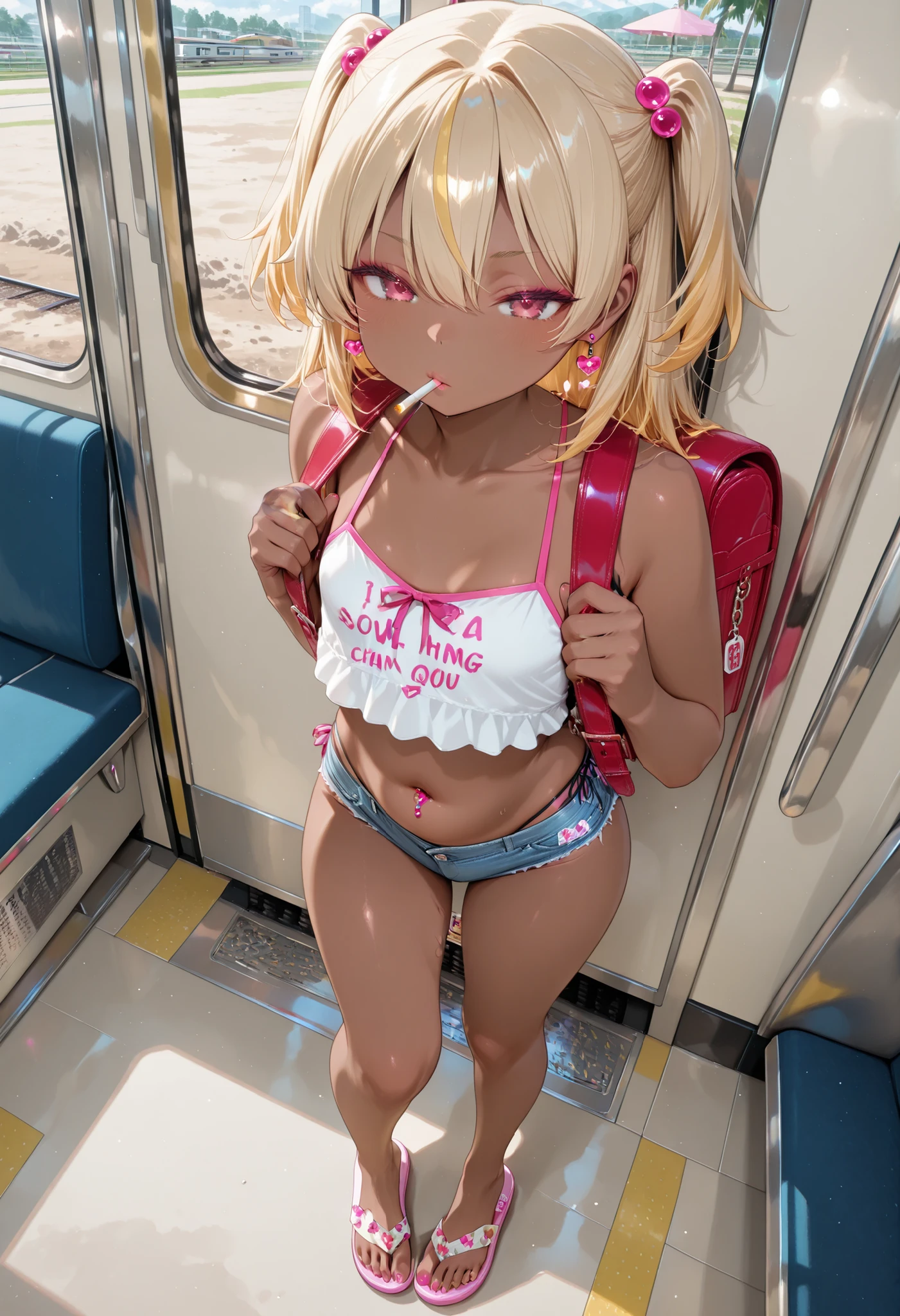 Inside a commuter train、elementary school student、 belly button、earrings、Blonde、brown skin、Ebony、Full body bare feet, beach sandals、cigarette hanging from both hands on the strap of a train(There is smoke coming out)I have it in my hand