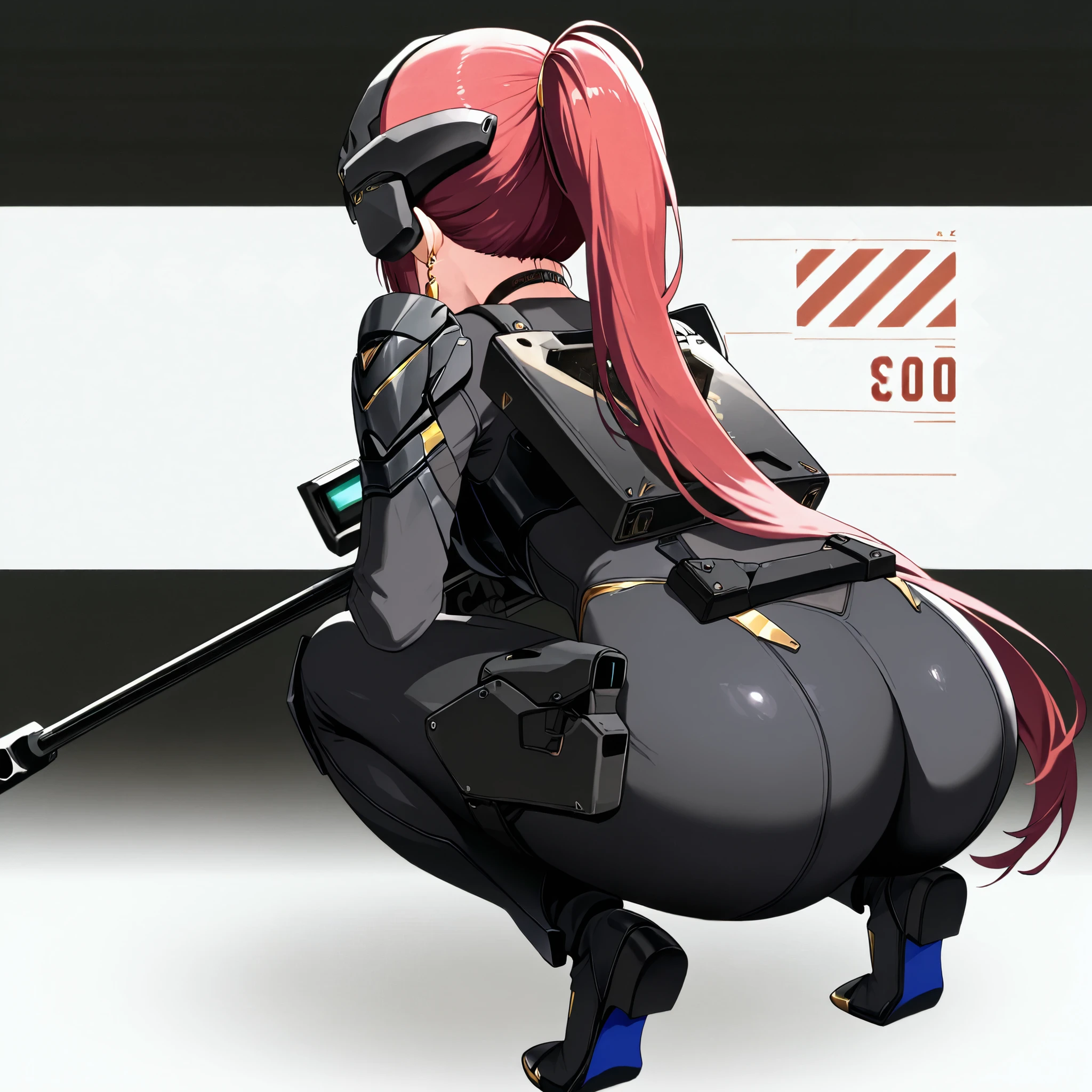 score_9, score_8_up, score_7_up,anime_screenshot,OFFICIAL ART,anime coloring, official anime artwork, screencap, anime screencap,uncensored,Newest,NIKKE style,BREAK,1girl,solo,nikkedollasuit,ponytail,BREAK,(Sniper Rifle),full face helmet,sniper glasses,(black armor with gold line:1.5),black sci-fi bodysuit,black gloves,golden jewelries on collar,golden earrings, black holster on thigh,black choker,backpack,BREAK,Nikkepose,squatting,BREAK,full body,from behind,focus butt,sci-fi,background battle field