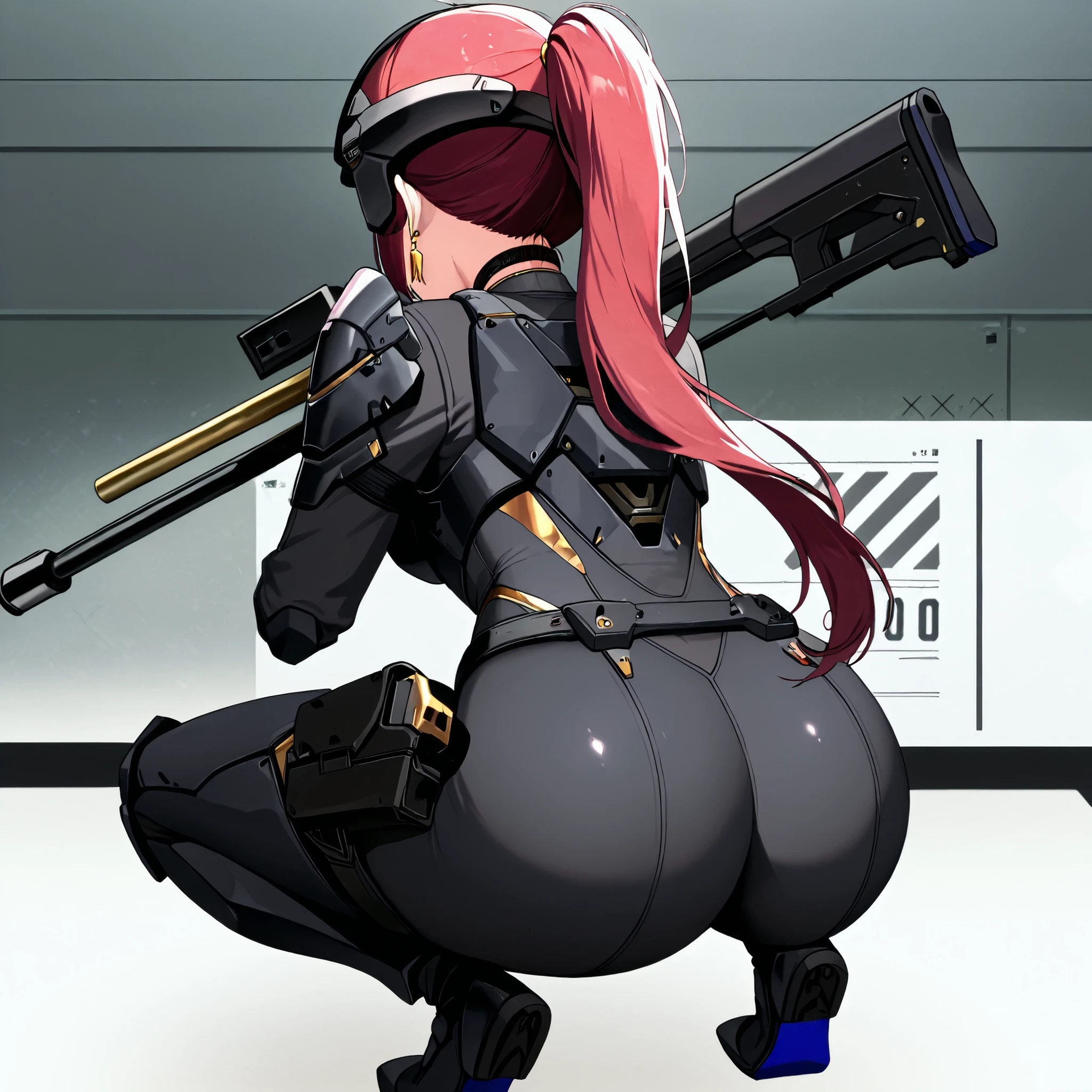 score_9, score_8_up, score_7_up,anime_screenshot,OFFICIAL ART,anime coloring, official anime artwork, screencap, anime screencap,uncensored,Newest,NIKKE style,BREAK,1girl,solo,nikkedollasuit,ponytail,BREAK,(Sniper Rifle),full face helmet,sniper glasses,(black armor with gold line:1.5),black sci-fi bodysuit,black gloves,golden jewelries on collar,golden earrings, black holster on thigh,black choker,backpack,BREAK,Nikkepose,squatting,BREAK,full body,from behind,focus butt,sci-fi,background battle field