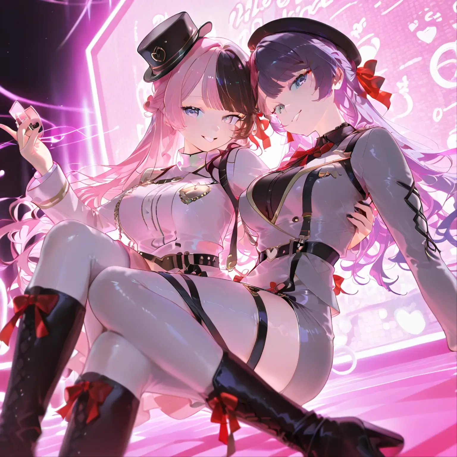 Best quality at best, tmasterpiece), 1个Giant Breast Girl, with pink hair, a purple eye, a garter belt, pencil skirts, Female office staff, Black , tiese, collared shir, leaning backward