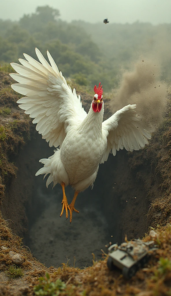 Chaotic mid-action shot, photorealistic, a massive white hen falling ...