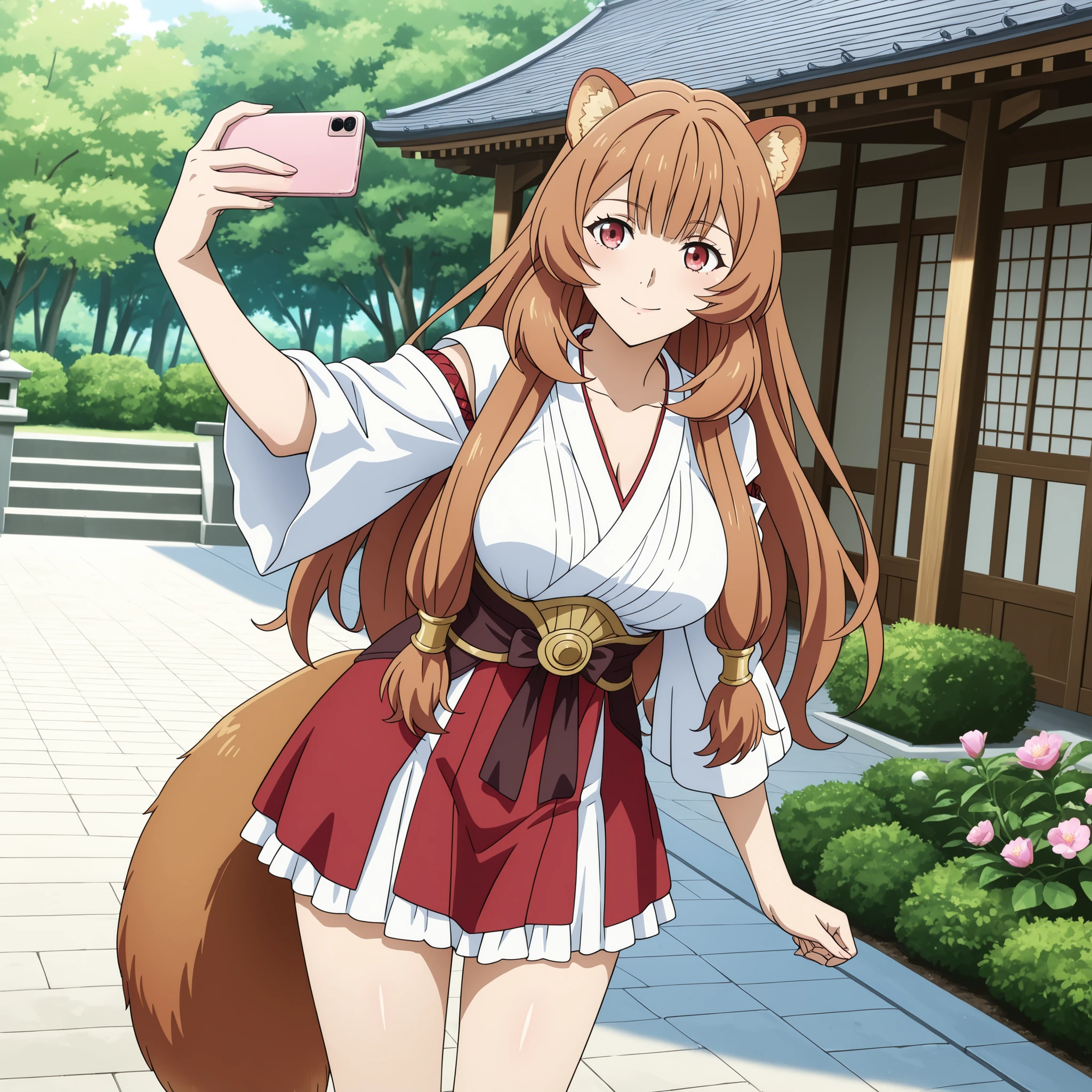 Raphalia , Tate no Yuusha no Nariagari, raccoon ears. round red eyes orange hair with rounded animal ears and fluffy tail, fair skin slender figure and big breasts. She wears Miko outfit Raje de Saserdotisa.  WHITE AND RED. Background a Japanese garden , Highly detailed anime art, vibrant lighting, and smooth , glossy skin. smile . selfie.