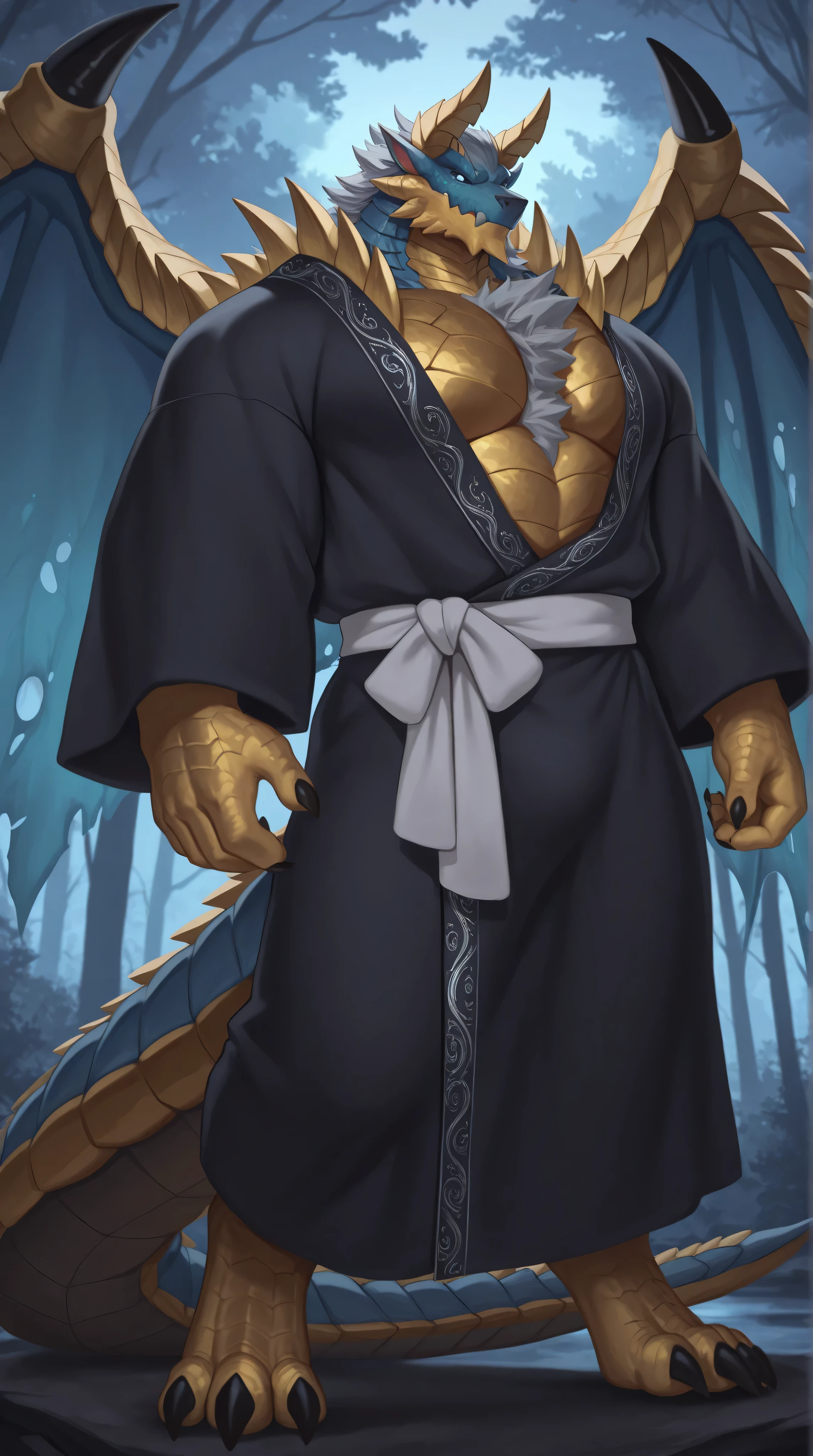 Dsharp, Best quality , newest , masterpiece , absurdres , highres , Forest background, dim light, dense forest, dusk, Muscular , perfect anatomy, Masculine, male , Dragonborn , deep blue scales, deep blue scaled body, blue body , tear eyes, black slit pupils, black vertical pupils, clawed hands , clawed feet , black claws , dark yukata with silver embroidery, long yukata, silver sash , well-groomed , neat clothes , thick tail , digitigrade, (golden under tail :1 . 3) , (golden mandibular :1 . 2), standing, relaxed position, relaxed expression, sharp eyes , detalied eyes , detailed face , perfect hands, long claws, black claws , body covered in dark yukata with silver embroidery with long sleeves. wings, dragon wings, blue dragon wing, blue wings, torn wings, torn membrane wings, sliced membraned wings, blue over tail, blue tail, dragon, zinogre, horns, tail, gray hair, gray mahawk, gray hair in chest, hands covered in thick golden scales, feet covered in thick golden scales, forearms covered in thick golden scales, gray hair in tail, SFW, tied sash, spiked line chest hair