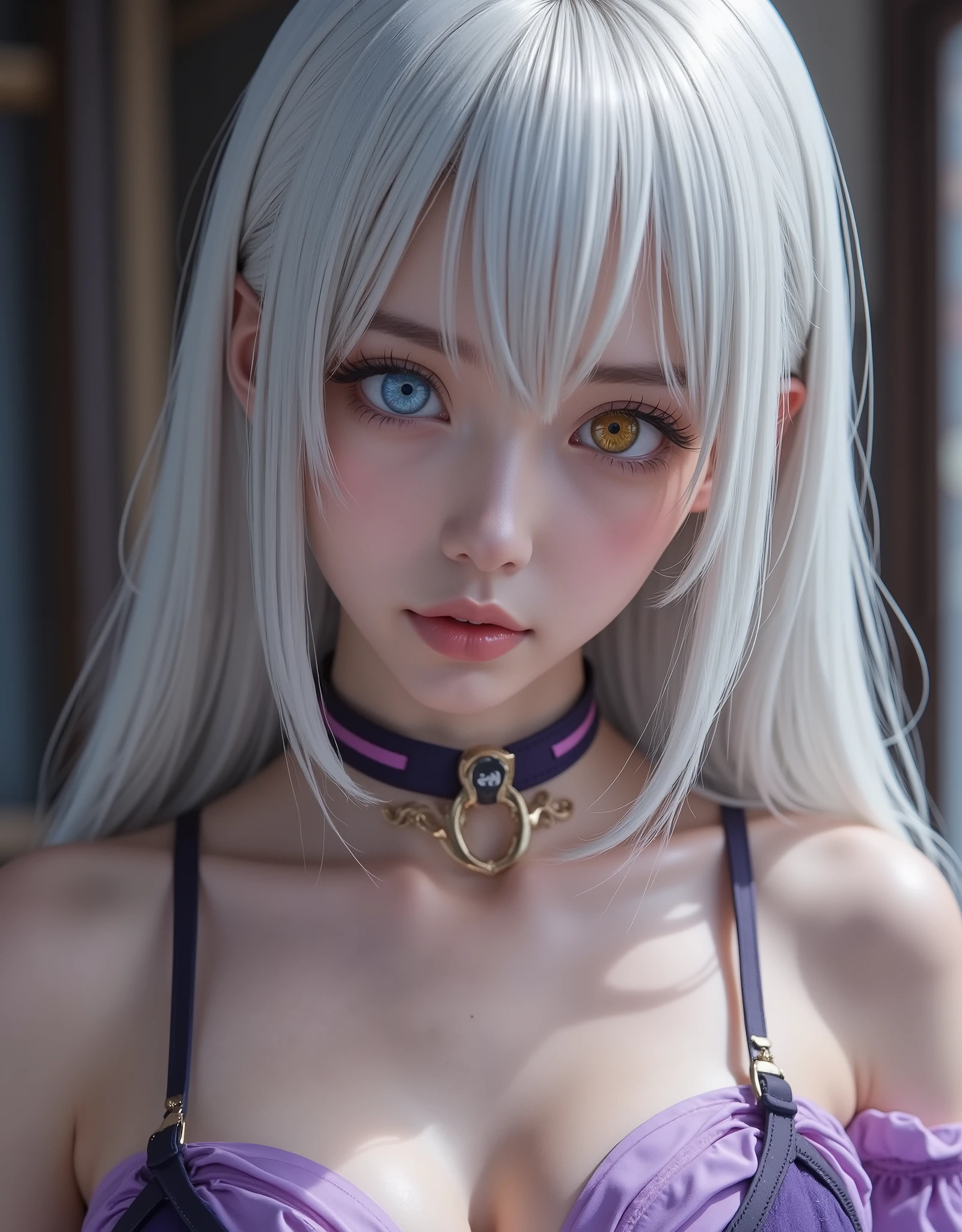 full-body portrait (hyperrealistic) by Elizabeth Liones Nanatsu no Taizai,white hair,ultra-detailed eyes with ((heterochromia)) yellow gold and blue,emphasized bust,su atuendo es una camisa sin mangas ajustada de color morado dark con botones en color blanco,wears aa corbata en forma de moño color rosa,(perfect anatomy),He wears his ((bare shoulders)),su mano izquierda wears aa (tight purple sleeve) dark,that contrasts with her (naked right hand),she wears an asymmetric white miniskirt, revealing their legs, which are accented with a single black thigh-high stocking on his right leg,that contrast sharply with his bare left leg,wears a (white shoe) on his right foot and one (color black) on his left foot,(RAW photo),(photorealistic),(masterpiece),(high quality),(definition 8k ),(ultra detailed),estilo hyperrealistic,fantasy background, cinematic lighting