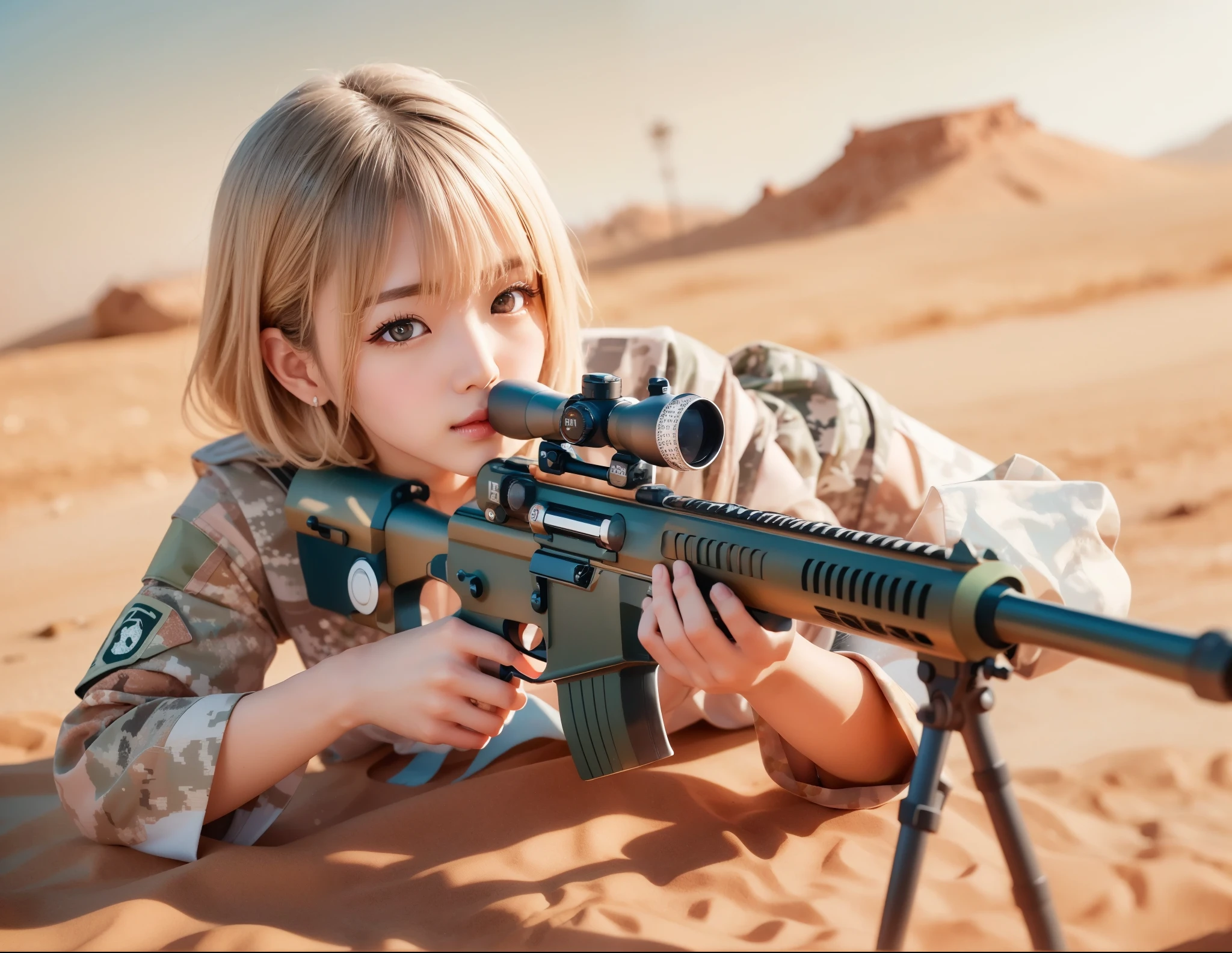 (high resolution:1.5), (masterpiece:1.5), full body, very detailed, best quality, 8k, (Cute Japanese woman), cute 24 year old beauty, slim body, (Small breasts:1.5), detailed face, Beautiful and elegant face, cute face, (Round face:1.4), thin lips, natural bangs, arched eyebrows, well-groomed eyebrows, (big eyes with a good balance between the left and right sides), cute eyes, beautiful eyes, beautiful thin nose, beautiful face line, (beautiful skin), (natural bangs), fair skin, (Slender and slim body:1.5), Camouflage uniform, sniper rifle, desert, military uniform, relaxed expression, Holding a rifle, Beautiful fingers, 可愛いイヤリング、 Holding a rifle with bare hands, Kiss the Scope,
