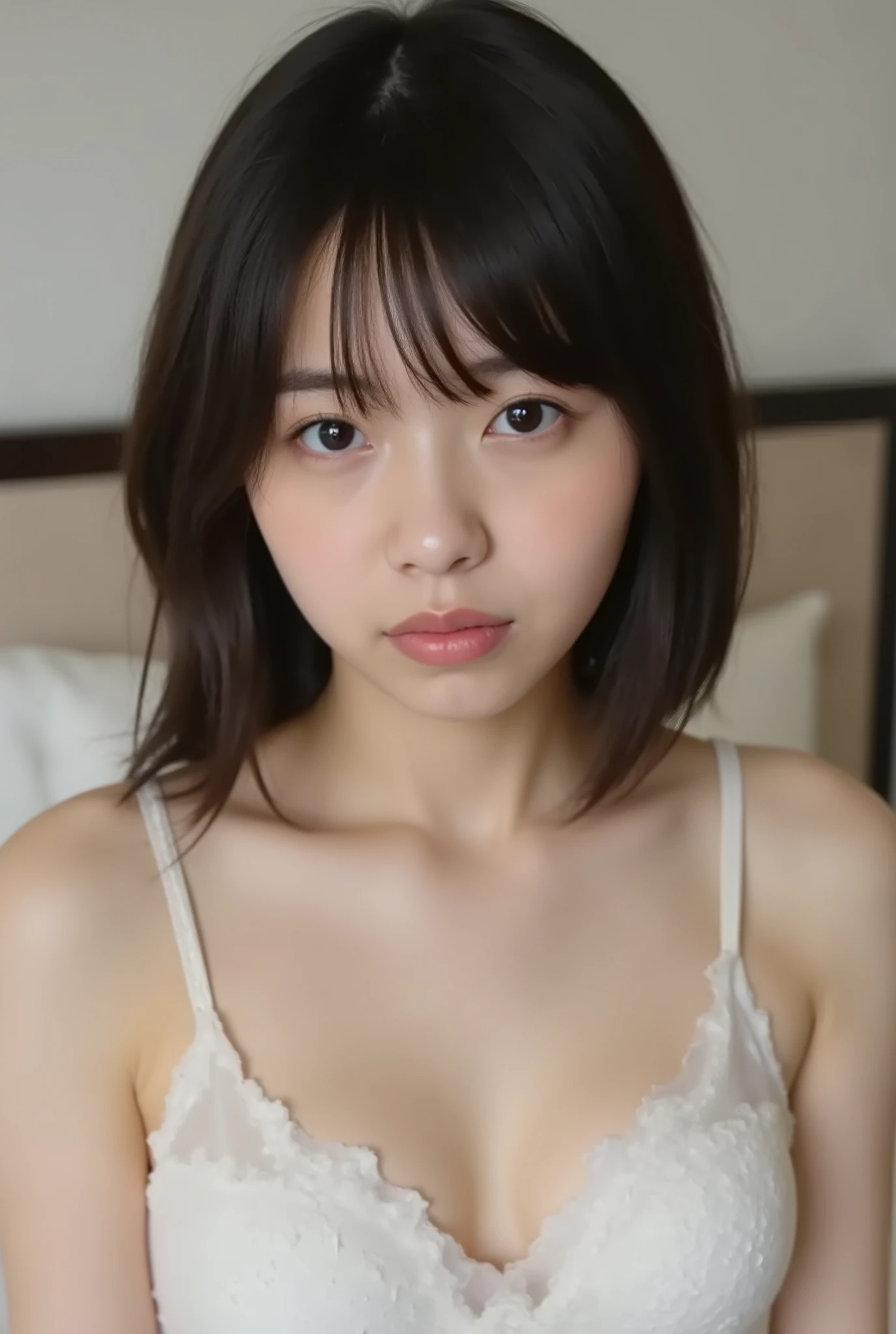 (( premium quality,  8k )), ((masterpiece)), ( details),    、dark hair,  Japanese girls,   first-person view   ,One Woman, a plump woman, petite female ,   sexy,(  full nude, in the bedroom),(((    Super Giant Bust ,    full nude,  beautiful breasts,  short bob hair , dark hair))),  ((dark hair, full nude)) , (( No decoration,  no accessories,       without makeup  ))