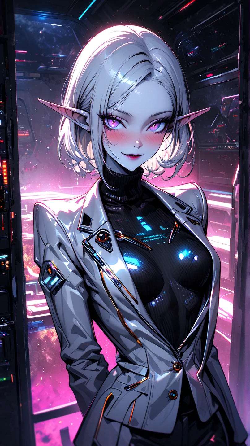 She is an exotic-looking elf with delicate features and a slender, elegant stature. Her eyes, normally bright and expressive, have been enhanced with cybernetic implants, displaying a shimmering blue cybernetic glow that contrasts with her naturally pale skin.

Her hair, which would normally be long and silky, has been replaced by a cybernetic extension of silver metallic strands, which glow with tiny LED lights in vibrant hues.

Its body features several cybernetic modifications, such as biomechanical arms with a sleek appearance and aerodynamics. These cybernetic limbs have a textured synthetic skin and metal accents, perfectly matching the cyberpunk aesthetic.

On your face, you may notice subtle facial implants, such as luminous markings or neon tattoos, that run down your cheekbones and eyebrows.

She wears a futuristic costume that combines elven and technological elements. His tight-to-body suit, made of reflective and synthetic materials, is designed to hone your physical abilities and protect your cybernetic modifications.