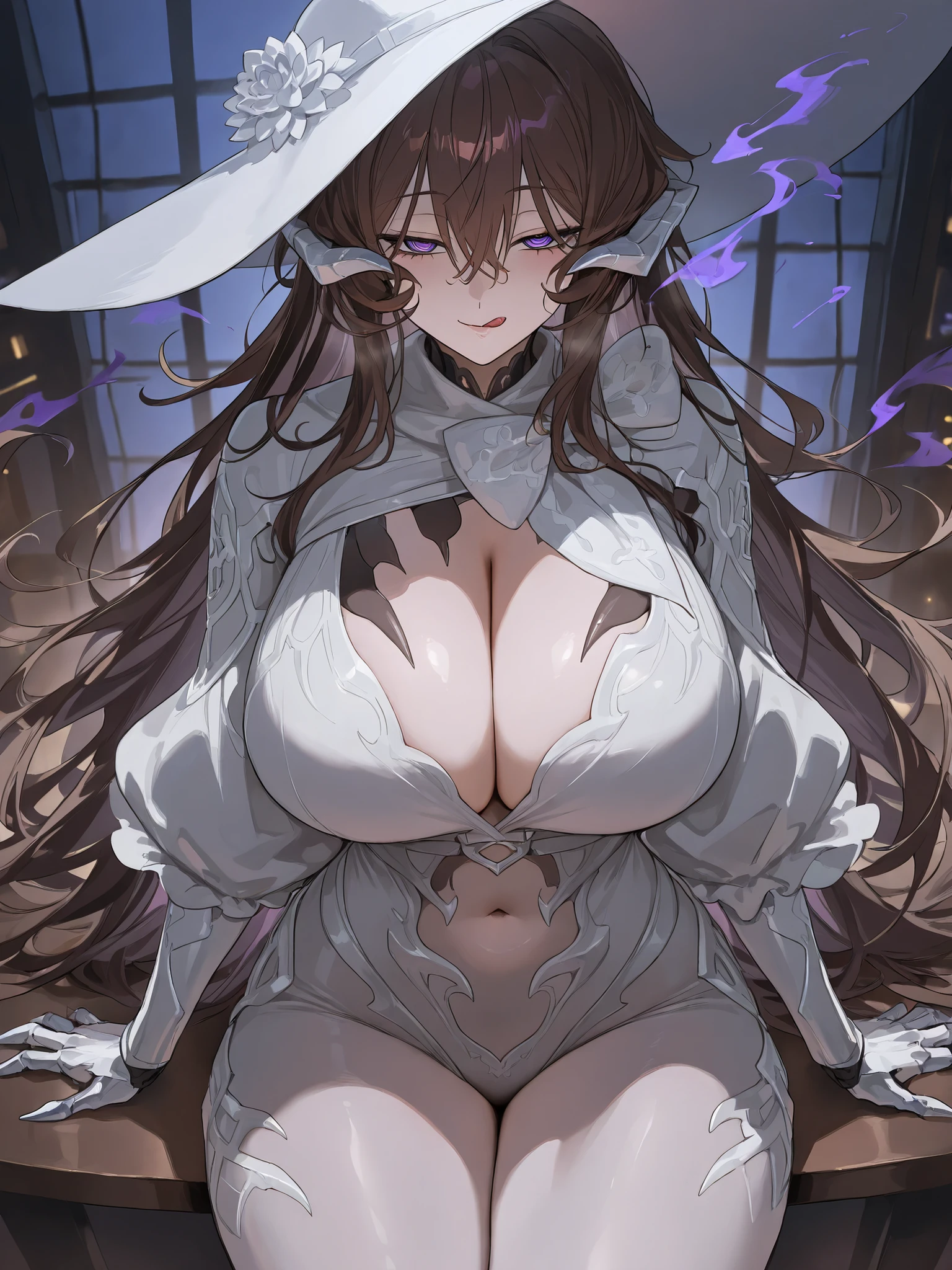 masterpiece, best quality, newest, absurdres, highres, 1girl, solo, qncypt, purple eyes, ringed eyes, long brown hair, flowing hair, huge breasts, white elegant detailed armor bodysuit(demon scales texture), white spikes, navel, thick thighs, dark atmosphere, night, cafe background, date, ominous lighting, sitting across you, hands on table, looking at viewer, half-closed eyes, seductive expression, licking her lips, thighs emphasized, elegant yet dangerous aura, ultra detail, perfect anatomy, ringed eyes, zunta style, claws, white sun hat, messy bangs, deep cleavage, closeup.
