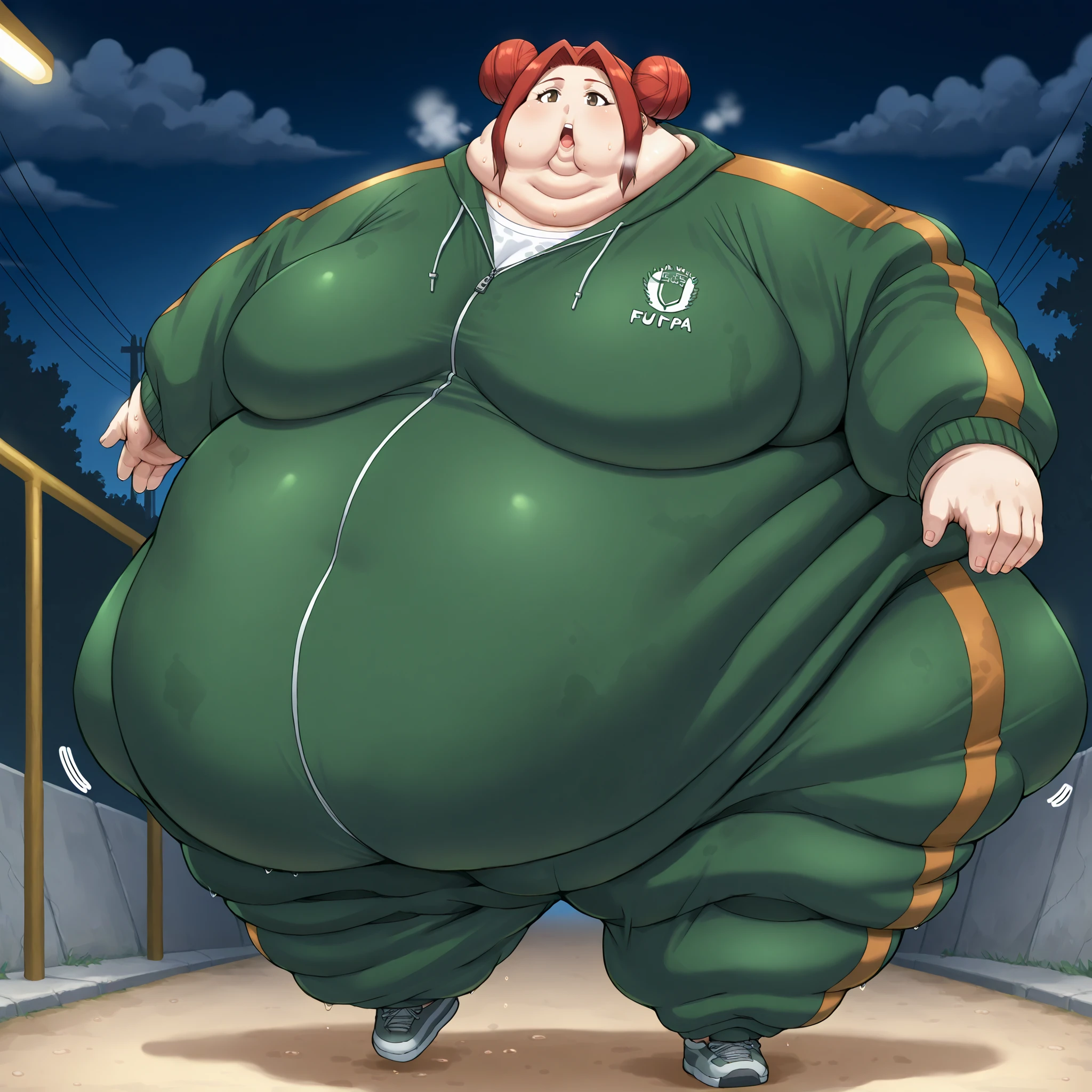 akari_shimizu_sl, red hair, double bun, parted hair, hair intakes, brown eyes,large breasts, sweating, wet, sweat stains, tracksuit, shoes, fat, chubby, obese, fat neck, multiple chins, big breasts open mouth, out of breath, Larger female, full body shot, only head, large head, oversized limbs, large hands, large feet, oversized feet, oversized fingers, big lips, plump lips, fat face, fupa, big fupa, fat fupa, Extremely obese puffy puffy fat Body Length, walking, night, sweat steam, sweat clouds