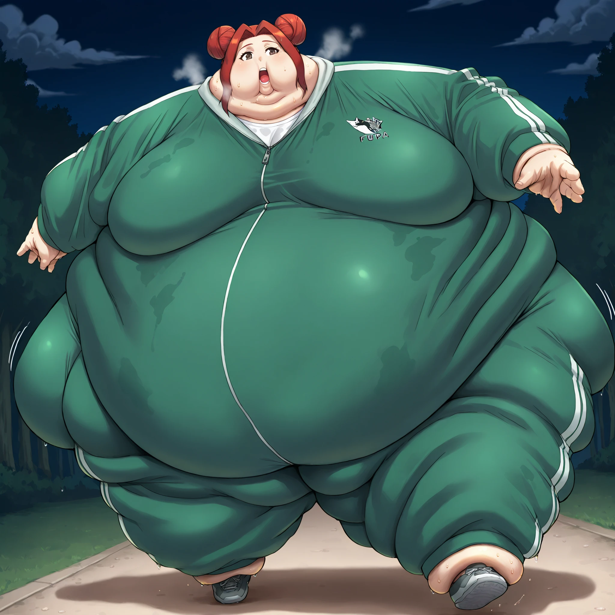 akari_shimizu_sl, red hair, double bun, parted hair, hair intakes, brown eyes,large breasts, sweating, wet, sweat stains, tracksuit, shoes, fat, chubby, obese, fat neck, multiple chins, big breasts open mouth, out of breath, Larger female, full body shot, only head, large head, oversized limbs, large hands, large feet, oversized feet, oversized fingers, big lips, plump lips, fat face, fupa, big fupa, fat fupa, Extremely obese puffy puffy fat Body Length, walking, night, sweat steam, sweat clouds