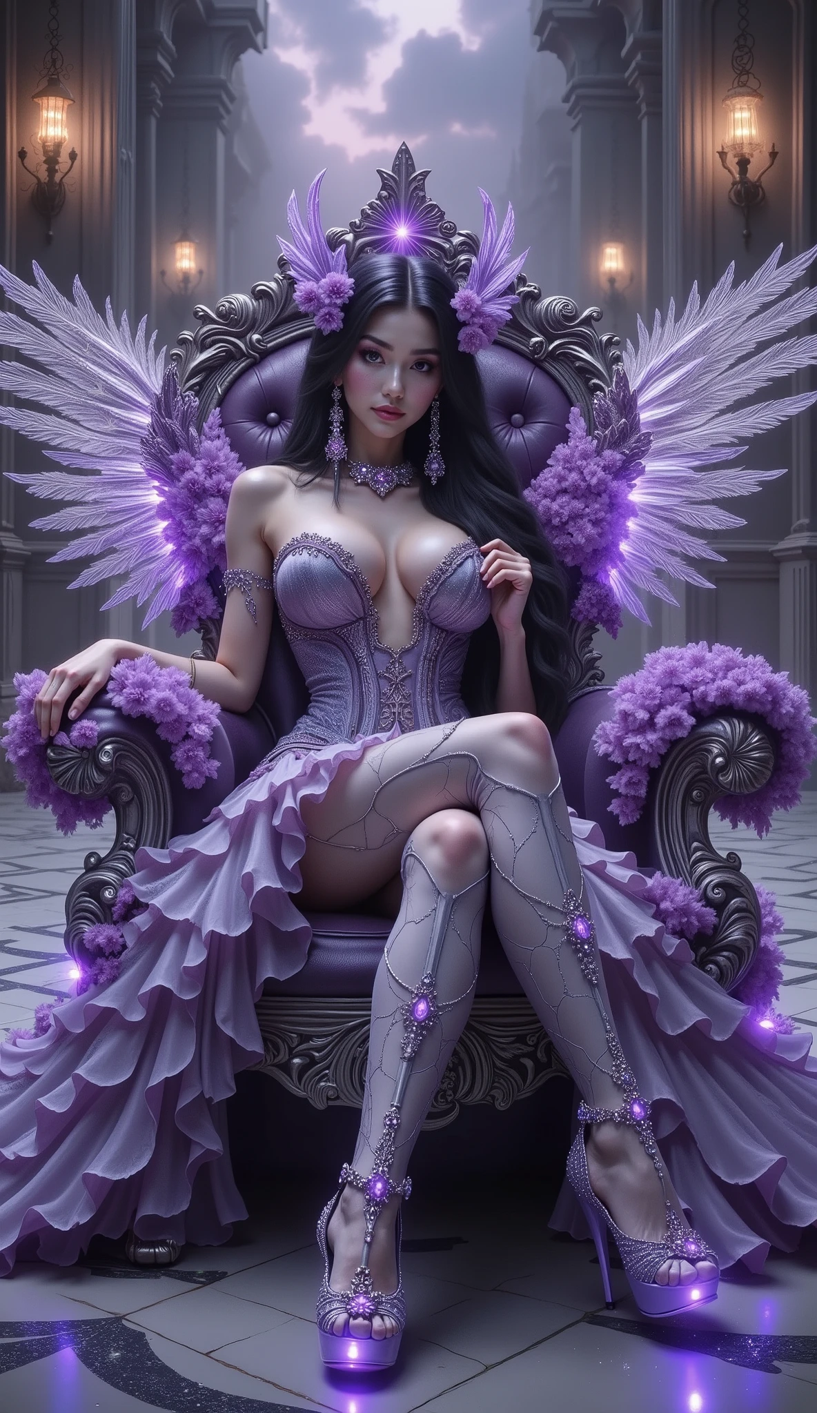👑 1. Silhouette & Pose
- Seated posture: Upright and graceful, conveying confidence and authority.
- Hand placement: Likely resting on the throne’s armrest or lap, suggesting calm control.
- Body orientation: Facing forward, emphasizing her central and commanding presence.

---

👗 2. Outfit & Textures
- Shimmering purple strapless gown: Made of satin or organza-like fabric with a soft glow, reflecting ambient light.
- Corset bodice: Embellished with intricate embroidery, enhancing her regal silhouette.
- Layered skirt: Flowing and voluminous, adding movement and elegance.
- High-heeled shoes: Decorated with glowing purple gemstones, reinforcing the magical theme.

---

💎 3. Accessories & Ornaments
- Hair jewelry: Crystals or metallic accents, possibly shaped like flowers or royal emblems.
- Earrings & necklace: Coordinated in purple and gold tones, adding luxury and refinement.
- Floral ornaments: Placed around the hair or shoulders, offering a soft, feminine touch.

---

🪽 4. Wings
- Material: Appears feathered and semi-transparent, with a radiant glow.
- Color: Gradient from deep violet to light lavender, creating an ethereal effect.
- Structure: Symmetrical and expansive, evoking a divine or celestial presence.

---

💫 5. Expression & Aura
- Facial expression: Serene and dignified, possibly with a subtle, mysterious smile.
- Makeup: Soft yet dramatic—purple eyeshadow, luminous highlights, plum-colored lips.
- Overall aura: She radiates power, elegance, and mysticism.
