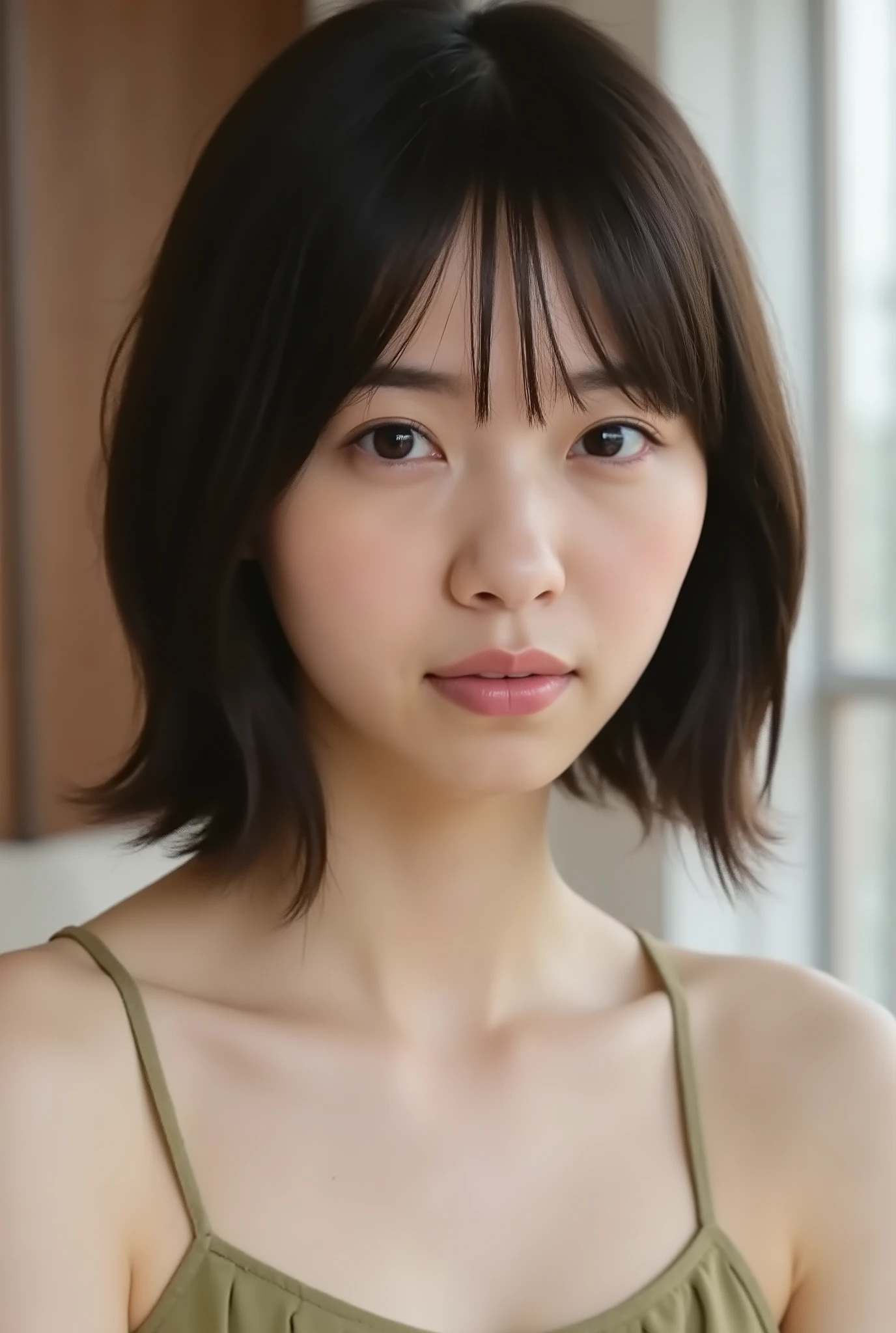 (( premium quality,  8k )), ((masterpiece)), ( details),    、dark hair,  Japanese girls,   first-person view   ,One Woman, a plump woman, petite female ,   sexy,(  full nude, in the bedroom),(((    Super Giant Bust ,    full nude,  beautiful breasts,  short bob hair , dark hair))),  ((dark hair, full nude)) , (( No decoration,  no accessories,       without makeup  ))