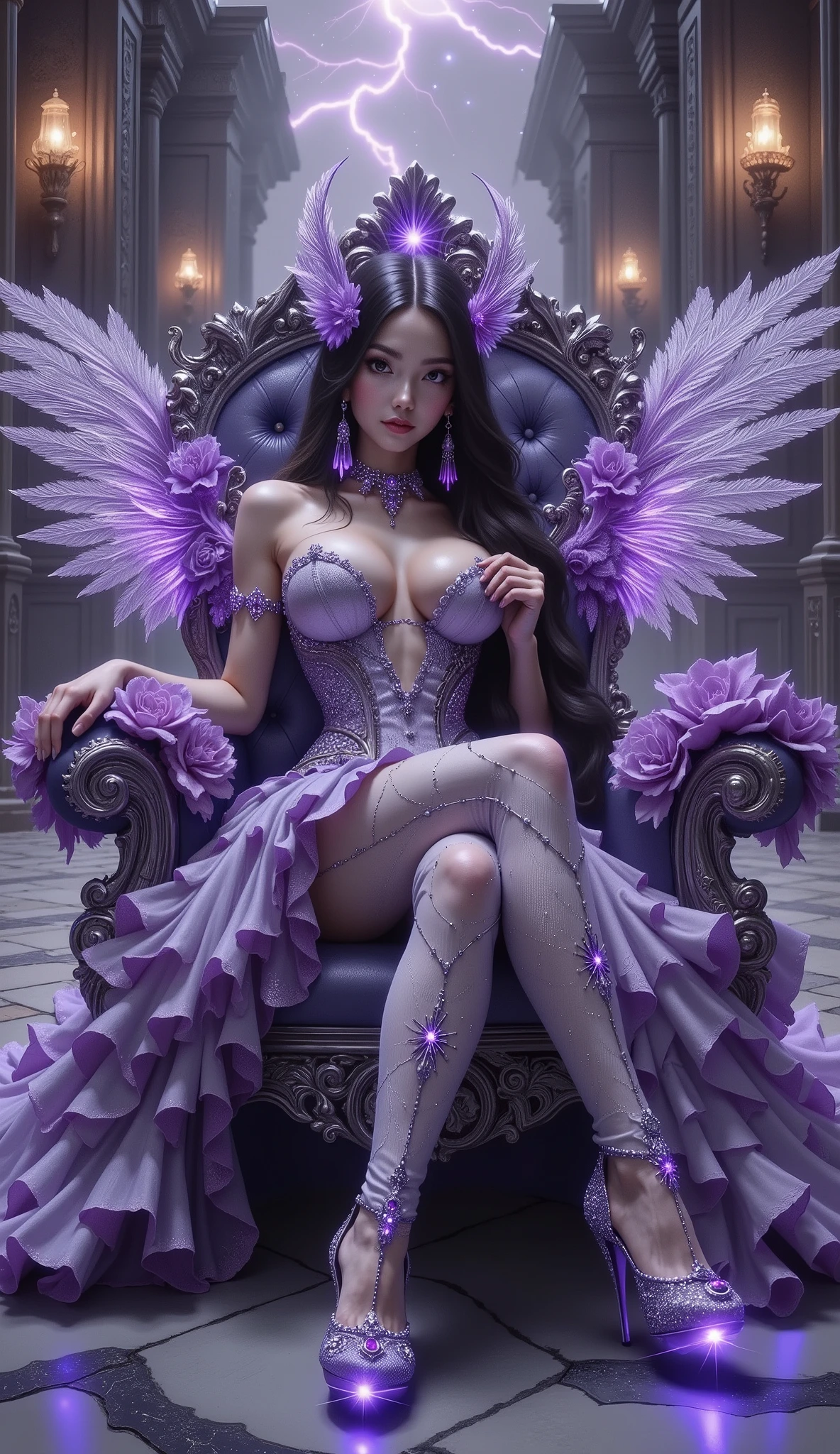 👑 1. Silhouette & Pose
- Seated posture: Upright and graceful, conveying confidence and authority.
- Hand placement: Likely resting on the throne’s armrest or lap, suggesting calm control.
- Body orientation: Facing forward, emphasizing her central and commanding presence.

---

👗 2. Outfit & Textures
- Shimmering purple strapless gown: Made of satin or organza-like fabric with a soft glow, reflecting ambient light.
- Corset bodice: Embellished with intricate embroidery, enhancing her regal silhouette.
- Layered skirt: Flowing and voluminous, adding movement and elegance.
- High-heeled shoes: Decorated with glowing purple gemstones, reinforcing the magical theme.

---

💎 3. Accessories & Ornaments
- Hair jewelry: Crystals or metallic accents, possibly shaped like flowers or royal emblems.
- Earrings & necklace: Coordinated in purple and gold tones, adding luxury and refinement.
- Floral ornaments: Placed around the hair or shoulders, offering a soft, feminine touch.

---

🪽 4. Wings
- Material: Appears feathered and semi-transparent, with a radiant glow.
- Color: Gradient from deep violet to light lavender, creating an ethereal effect.
- Structure: Symmetrical and expansive, evoking a divine or celestial presence.

---

💫 5. Expression & Aura
- Facial expression: Serene and dignified, possibly with a subtle, mysterious smile.
- Makeup: Soft yet dramatic—purple eyeshadow, luminous highlights, plum-colored lips.
- Overall aura: She radiates power, elegance, and mysticism.