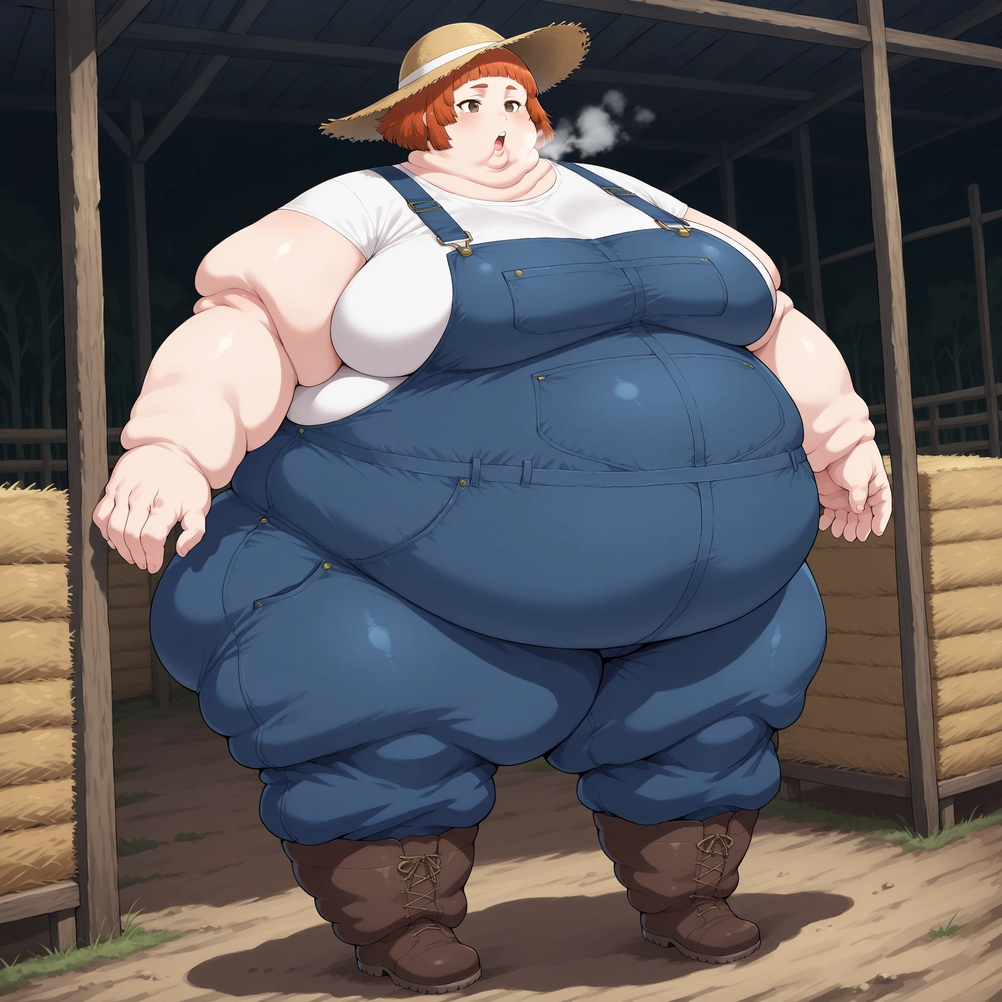 mari ishida \(solo leveling\), burnt orange hair, short hair, bangs, brown eyes, large breasts, 1girl, solo, shirt, overalls, boots, straw hat, farm, farmer, fat, chubby, obese, fat neck, multiple chins, big breasts open mouth, out of breath, Larger female, full body shot, only head, large head, oversized limbs, large hands, large feet, oversized feet, oversized fingers, big lips, plump lips, fat face, fupa, big fupa, fat fupa, 