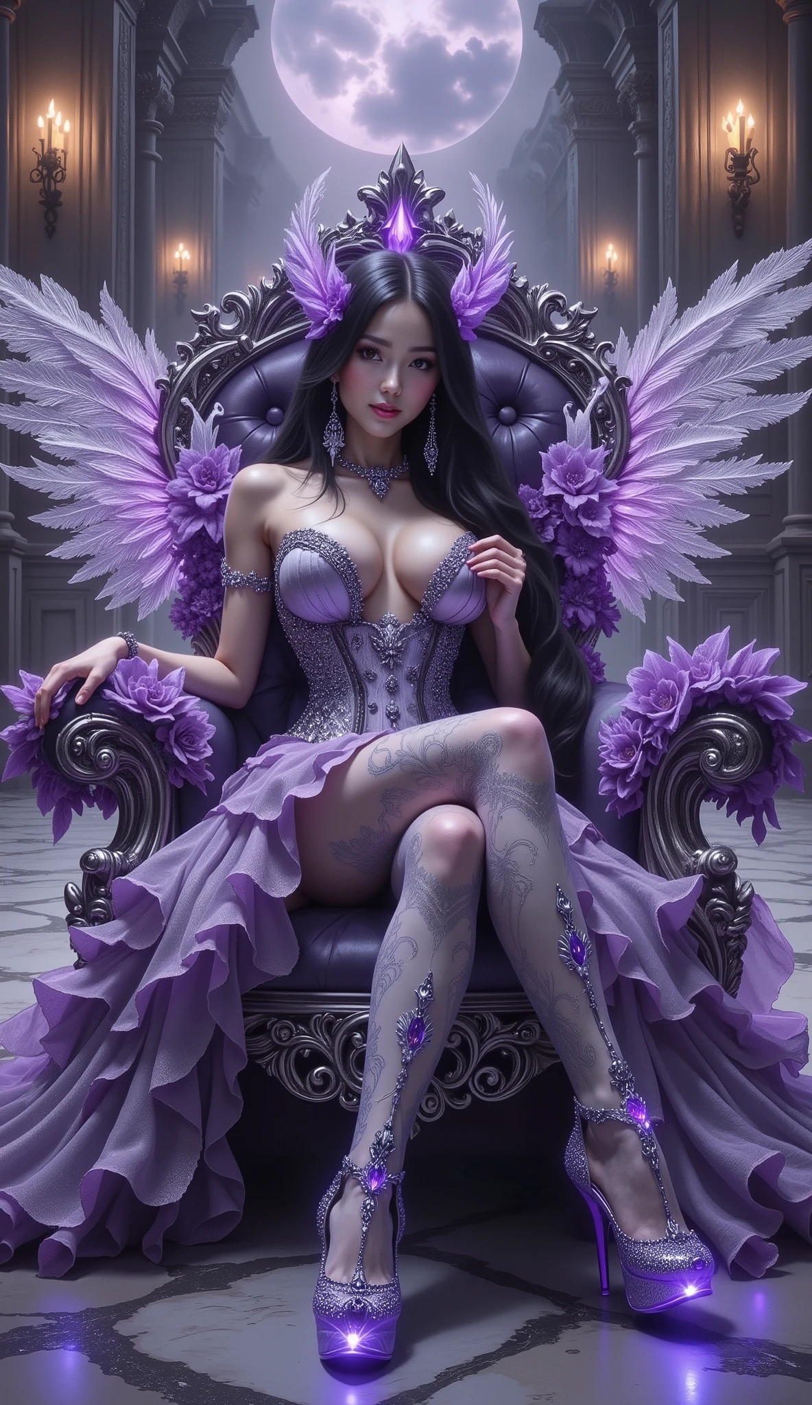 👑 1. Silhouette & Pose
- Seated posture: Upright and graceful, conveying confidence and authority.
- Hand placement: Likely resting on the throne’s armrest or lap, suggesting calm control.
- Body orientation: Facing forward, emphasizing her central and commanding presence.

---

👗 2. Outfit & Textures
- Shimmering purple strapless gown: Made of satin or organza-like fabric with a soft glow, reflecting ambient light.
- Corset bodice: Embellished with intricate embroidery, enhancing her regal silhouette.
- Layered skirt: Flowing and voluminous, adding movement and elegance.
- High-heeled shoes: Decorated with glowing purple gemstones, reinforcing the magical theme.

---

💎 3. Accessories & Ornaments
- Hair jewelry: Crystals or metallic accents, possibly shaped like flowers or royal emblems.
- Earrings & necklace: Coordinated in purple and gold tones, adding luxury and refinement.
- Floral ornaments: Placed around the hair or shoulders, offering a soft, feminine touch.

---

🪽 4. Wings
- Material: Appears feathered and semi-transparent, with a radiant glow.
- Color: Gradient from deep violet to light lavender, creating an ethereal effect.
- Structure: Symmetrical and expansive, evoking a divine or celestial presence.

---

💫 5. Expression & Aura
- Facial expression: Serene and dignified, possibly with a subtle, mysterious smile.
- Makeup: Soft yet dramatic—purple eyeshadow, luminous highlights, plum-colored lips.
- Overall aura: She radiates power, elegance, and mysticism.