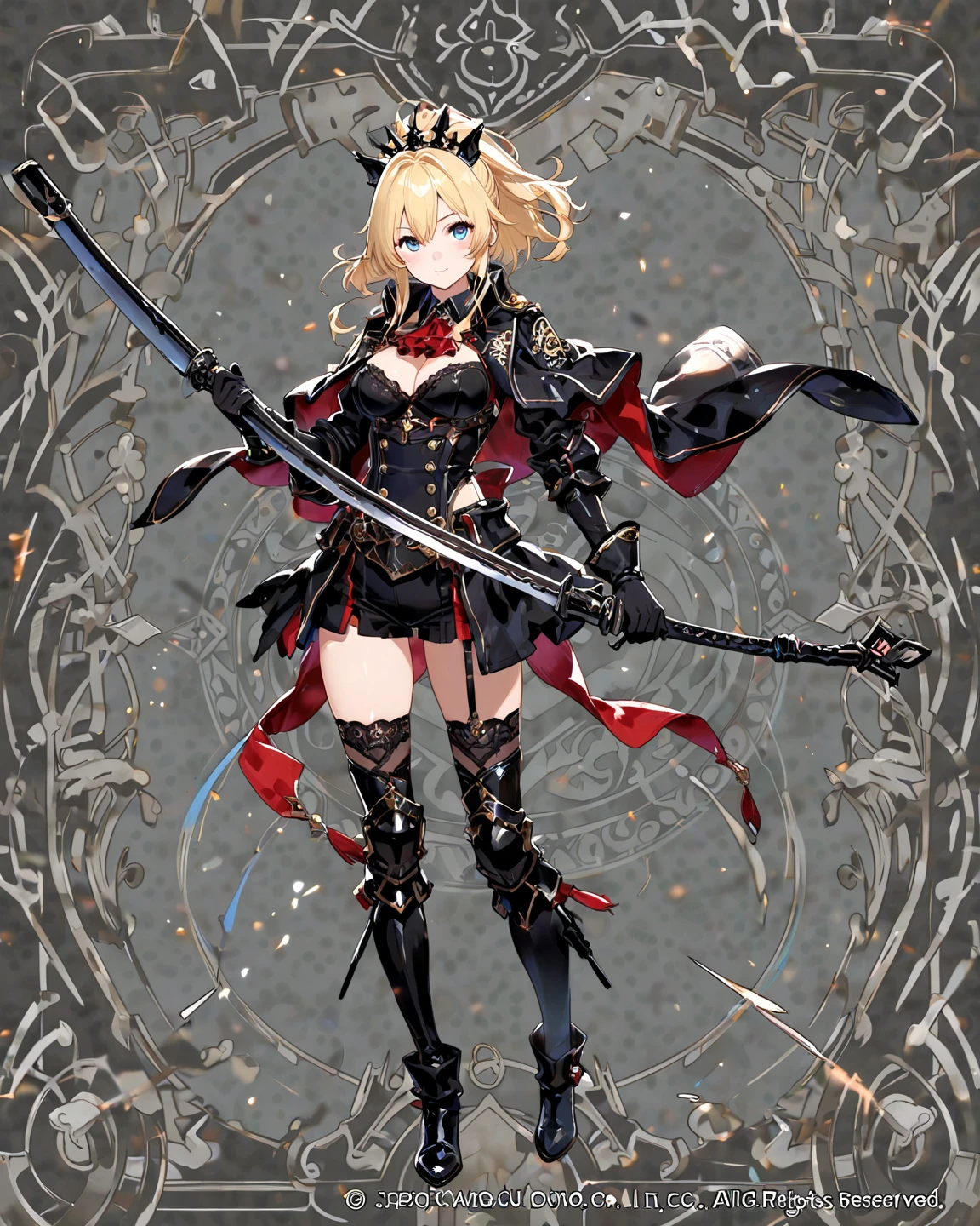 A woman wearing heavy black armor with red details, black metal bracelet, black metal boots, wearing black helm with  face, blonde hair, short hair, red bangs, multi-colored hair, large breasts, holding a red sword with red lightning on the sword, smiling, sadistic smile, standing on a concrete platform overlooking a black Gothic style castle, with a wide view of the lawn in the autumn climate, autumn trees.UHD , prime work , accurate , anatomically correct , textured skin , super details , high quality , best quality, 8k, high resolution, bokeh effect. (woman alone), close view.
