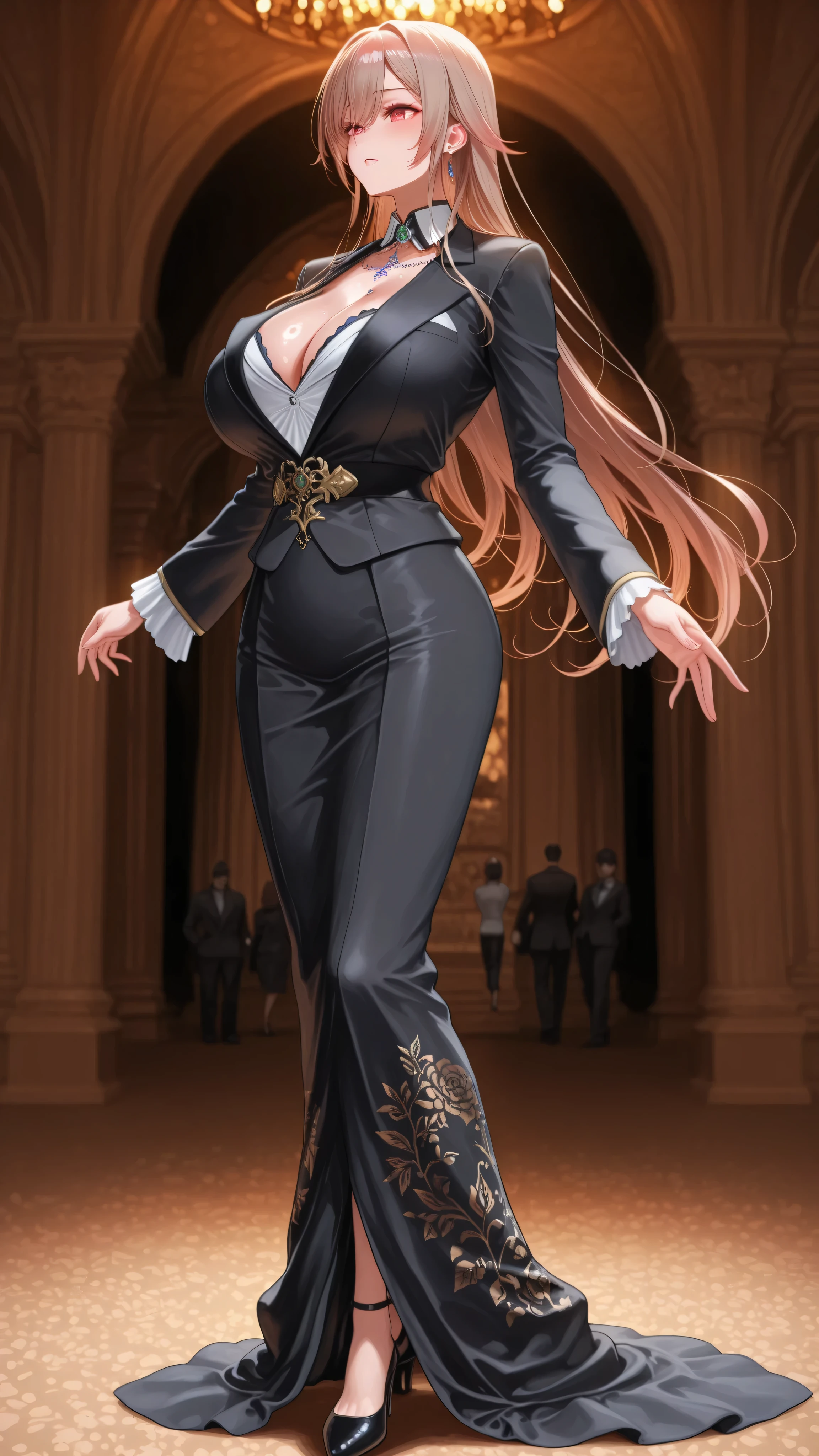 furen e lustario,beautiful,4k,huge breast,lot of Pierce,public tattoo,clow pose,formal clothes,fullbody