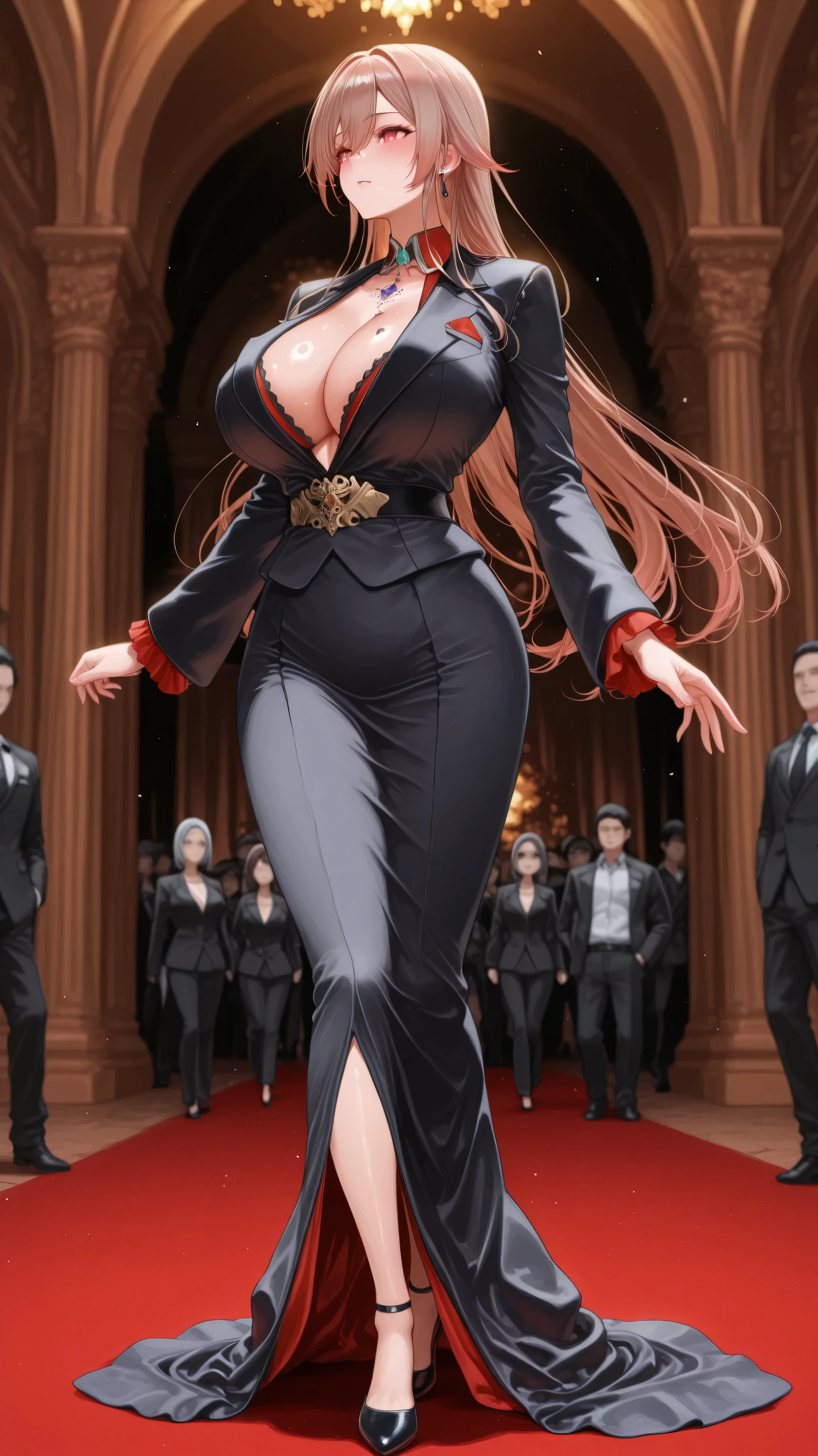 furen e lustario,beautiful,4k,huge breast,lot of Pierce,public tattoo,clow pose,formal clothes,fullbody