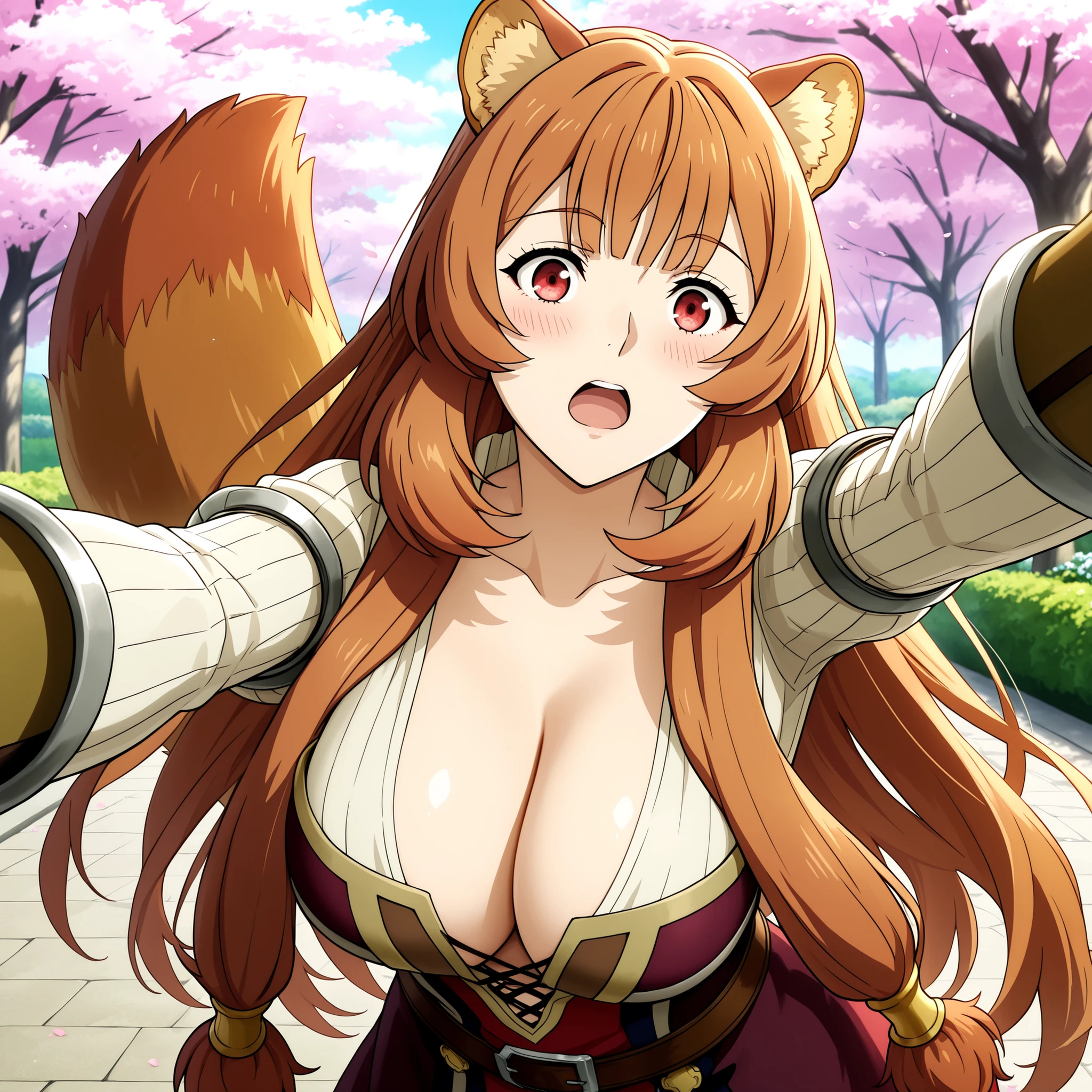 Raphalia , Tate no Yuusha no Nariagari, raccoon ears. round red eyes orange hair with rounded animal ears and fluffy tail, fair skin slender figure and big breasts. She wears Miko outfit Raje de Saserdotisa.  WHITE AND RED. Background of a Japanese garden cherry trees . petals falling , Highly detailed anime art, vibrant lighting, and smooth , glossy skin .surprised and embarrassed red face open mouth . selfie.