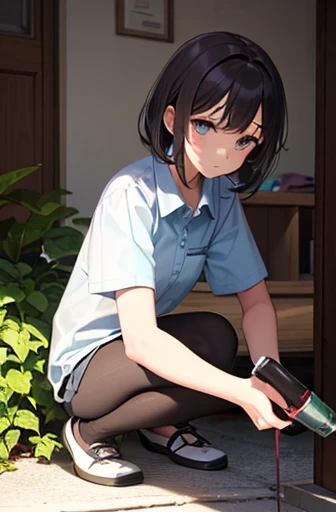 10 years old、Hold a  in your mouth、A defiant smile、Lifting her skirt, a dark alley、Sit on the air conditioner's outdoor unit、Short black hair, Iris, Sailor Unifrom, Seraphim, A white shirt with a blue sailor collar and a red ribbon, Blue clothes, (White thighs), Black shoes, blue sky, smile,Double teeth, Wink, View your viewers, Lens flare,dramatic,