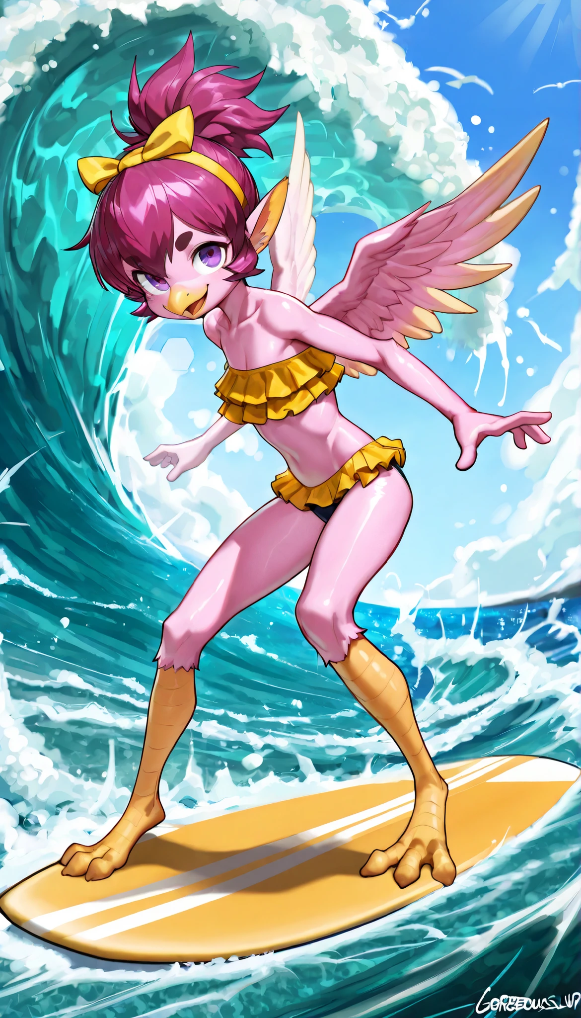 score_9,score_8_up,score_7_up, source_cartoon, spurce_anime, source_furry, Furry girl, bird features, yellow bird beak, magenta hair, short spiky hairstyle, short spiky ponytail, anime style, small breasts, purple eyes, big eyebrows, feathered pointed ears, ((yellow ruffled frilly swim top, ruffled frilly swim bottom, yellow hairband with bow)), high quality, detailed body, detailed eyes, detailed face, masterpiece, glistening body, detailed body fur, best quality, clear pink body fur, skinny, back avian wings, avian, detailed hands, perfect lighting, perfect shadows, perfect eyes, perfect hair, perfect face, gorgeous body, (very skinny:1.0), (Small, Short:1.1), (young cub:1.2), smirk, standing, full body, open beak, (avian legs, feets with three toes, 3 toes), (nailess), surfing, anime style, standing on a surfboard, outside, The beautiful blue sea, waves, sky, dynamic angle view, surfing pose,