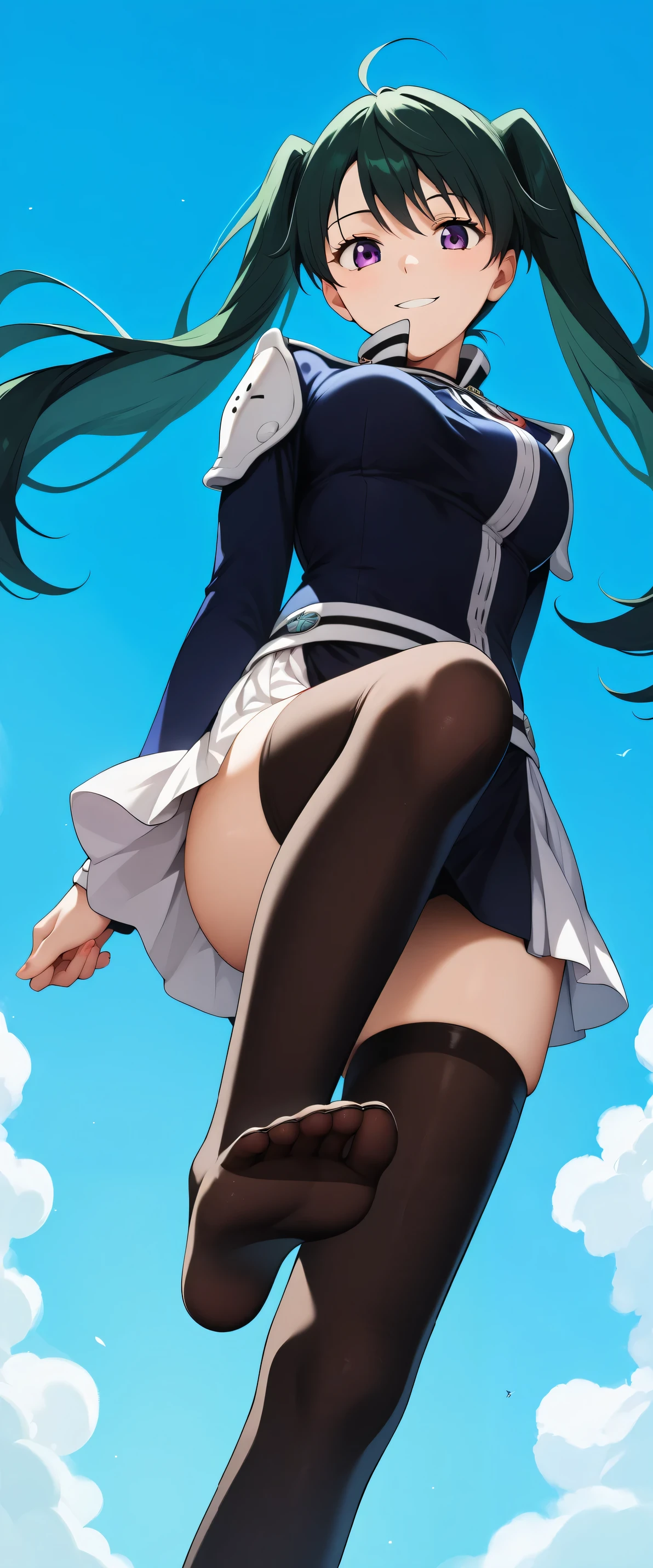 score_9, score_8_haut, score_7_haut, score_6_haut, score_5_haut, score_4_haut, source_anime, fond simple,
le vent enveloppant, aura pourpre, neolight, raccourci, angle néerlandais, contrapposto, sourire coquin, regardant vers le bas, face au spectateur, vue en contre-plongée, de ci-dessous, fullbody, pieds,
jupe multicolore aalee , cheveux longs, Cheveux verts, cheveux noirs, twintails, yeux violets, seins moyens, armure d'épaule, veste noire, manches longues, Jupe multicolore, jupe noire, cuissardes noires,