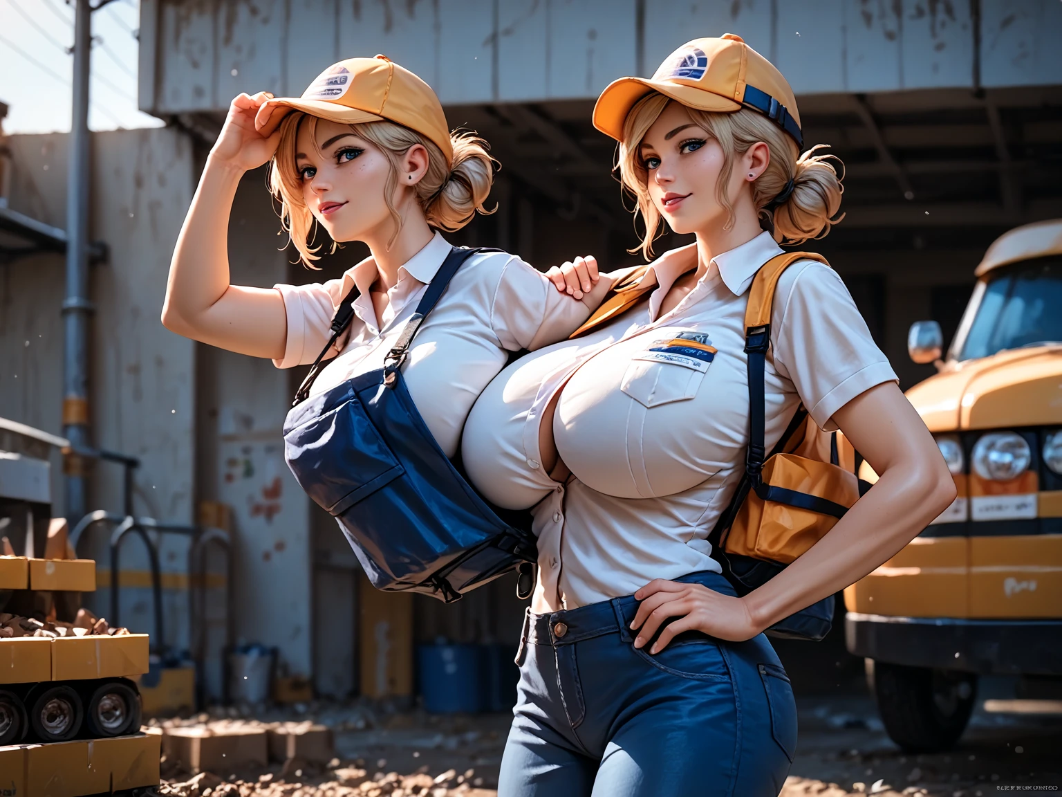 ((2heads)),​masterpiece, top-quality,, (face perfect:1.1) , (high detailing:1.1), Curvaceous, 独奏 、Wide waist, s lips,、(Colossal :1.1)、cleavage of the breast、Bites into the skin、(thick thight:1.1)、 overalls、short pants、a blond、a straw fedora hat、Rye field、ssmile