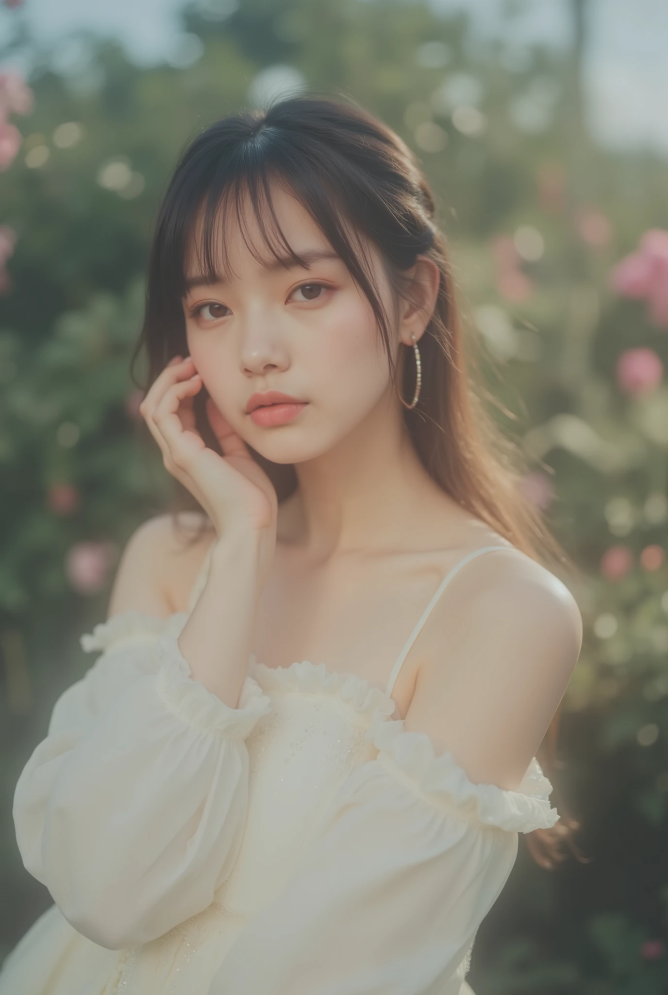 luxury fashion photo of a Japanese model wearing a specially designed black and white dress, (big boobs:1.5),tight waist shows proportions, The long skirt flutters, sexy poses, Realistic Sharp Face, Pastel Finished Backdrop, proportions by climbing the foot,Clean Specular Highlights、precise shadows、ultra high definition、realistic skin texture、fine texture of premium fabric :: 85mm lens texture、shallow depth of field、Subtle film grain.