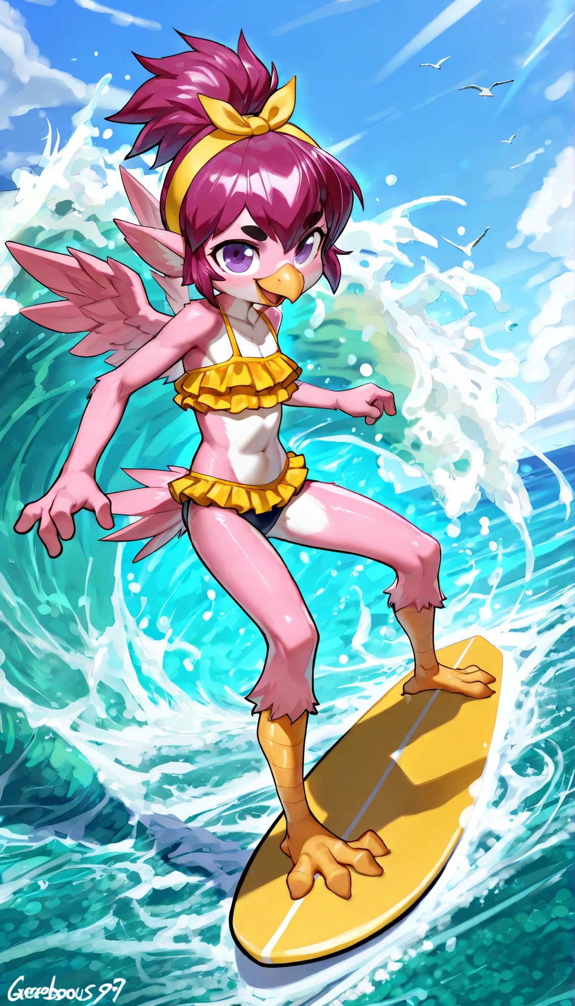 score_9,score_8_up,score_7_up, source_cartoon, spurce_anime, source_furry, Furry girl, bird features, yellow bird beak, magenta hair, short spiky hairstyle, short spiky ponytail, anime style, small breasts, purple eyes, big eyebrows, feathered pointed ears, ((yellow ruffled frilly swim top, ruffled frilly swim bottom, yellow hairband with bow)), high quality, detailed body, detailed eyes, detailed face, masterpiece, glistening body, detailed body fur, best quality, clear pink body fur, skinny, back avian wings, avian, detailed hands, perfect lighting, perfect shadows, perfect eyes, perfect hair, perfect face, gorgeous body, (very skinny:1.0), (Small, Short:1.1), (young cub:1.2), smirk, standing, full body, open beak, bird tail, (yellow avian legs, feets with three toes, 3 toes), (nailess), surfing, anime style, standing on a surfboard, outside, The beautiful blue sea, waves, sky, dynamic angle view, surfing pose,