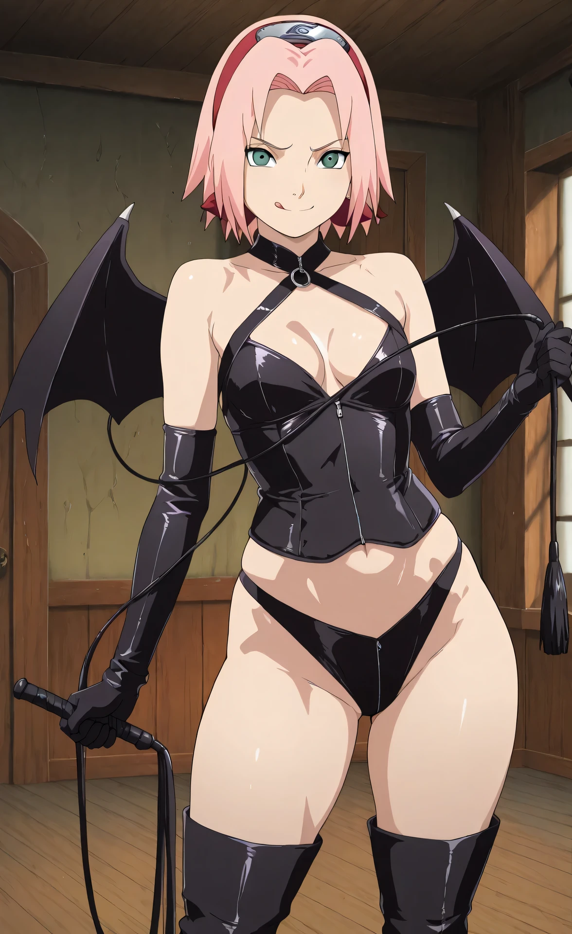 haute résolution, chef-d'œuvre, necessary, detail, best qualité, qualité, necessary, détails, High détails, précis, chambre,
1girl, style ufotable, Anime ufotable, vue de face, regardant le spectateur, debout, beau corps, sourire narquois, bouche fermée, langue, Jolie fille, pose sexy, tenant un fouet de masochisme, ailes de démon
1 fille, haruno sakura, cheveux roses, cheveux courts, frange dégradée, yeux verts, Petits seins, dominatrice, vêtements de masochiste, longs gants noirs, Cuisses noires_bottes hautes, cuisses épaisses, clivage, courbé, fond lourd,