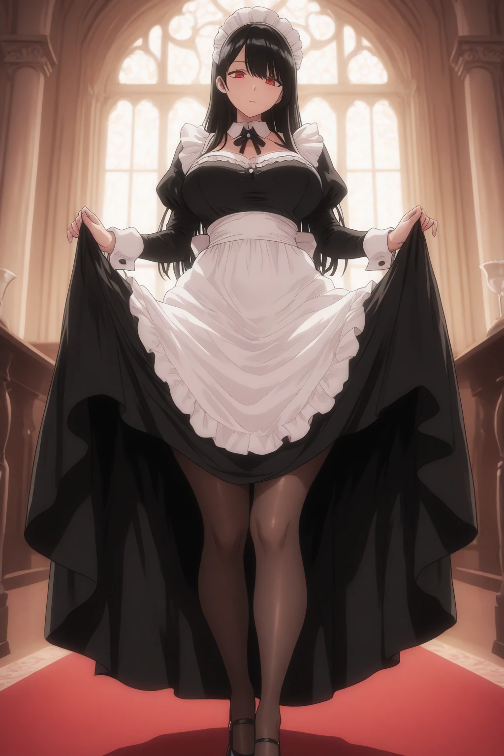 A woman wearing a maid dress, long skirt, holding a mop, full body, long stockings, long black hair, long pigtails, burgundy eyes, ???????????, smiling, in a modern room.HDR, masterpiece, well defined, ultra resolution, high quality, 8k HD. (just a woman, solo)
