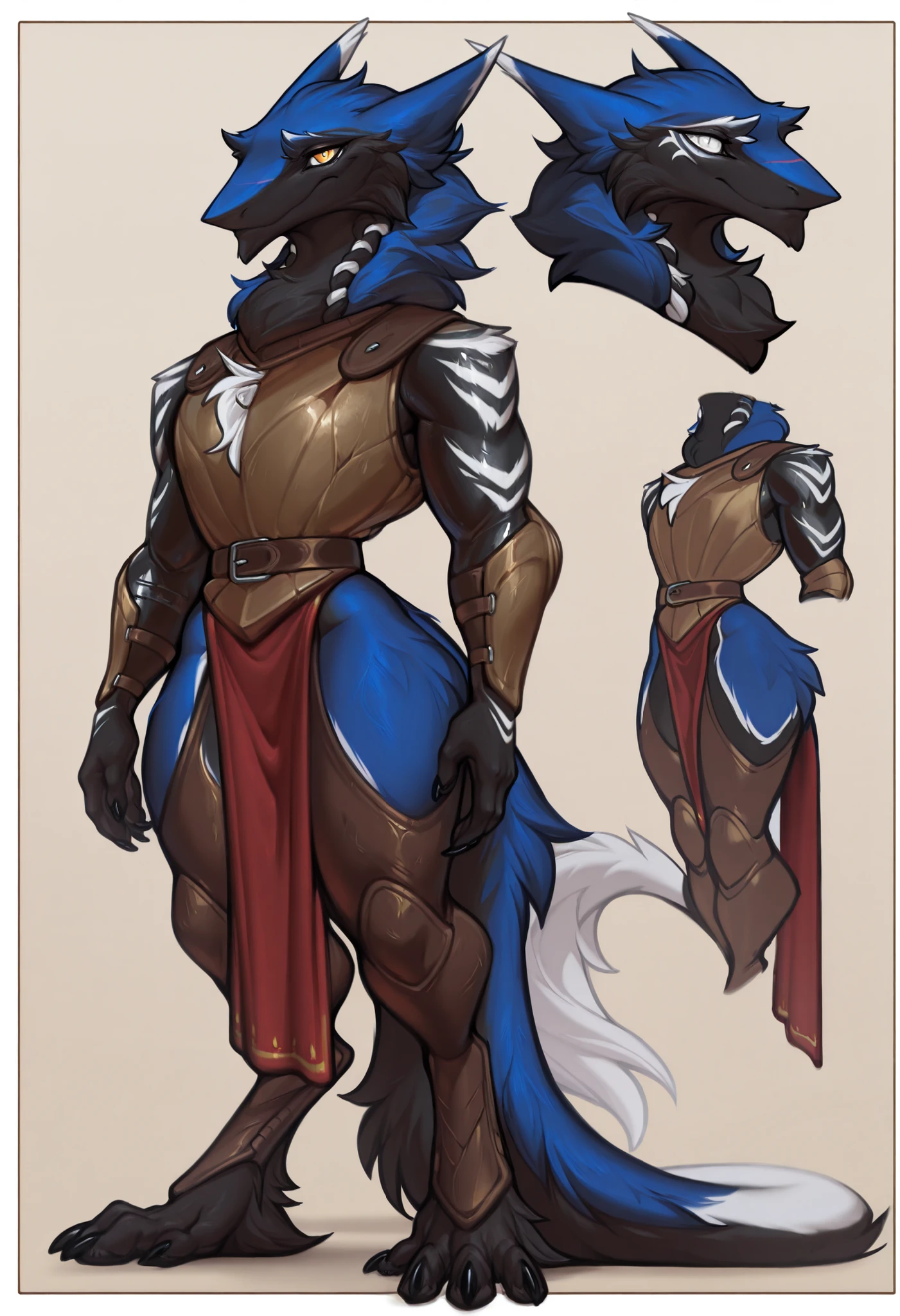 best quality, masterpiece \(quality\), year2024, year2023, 1male, by riolutiny, solo, anthropomorphic_only, long black claws, (front view, side view, multiple views, reference sheet, full body), ((neutral expression, small pupils)), L0LSPL4SH, (sergal), (dark blue fur color, white markings), yellow eyes, eyelashes, ((white eye marking, black body tattoo)), Valkyrie clothes, (pelvic curtain, medieval, armor, leather leggings, leg armor), ((strong body, strong arms, sergal legs)), scars, sergal tail, simple background, (braided neck fur, long neck fur)