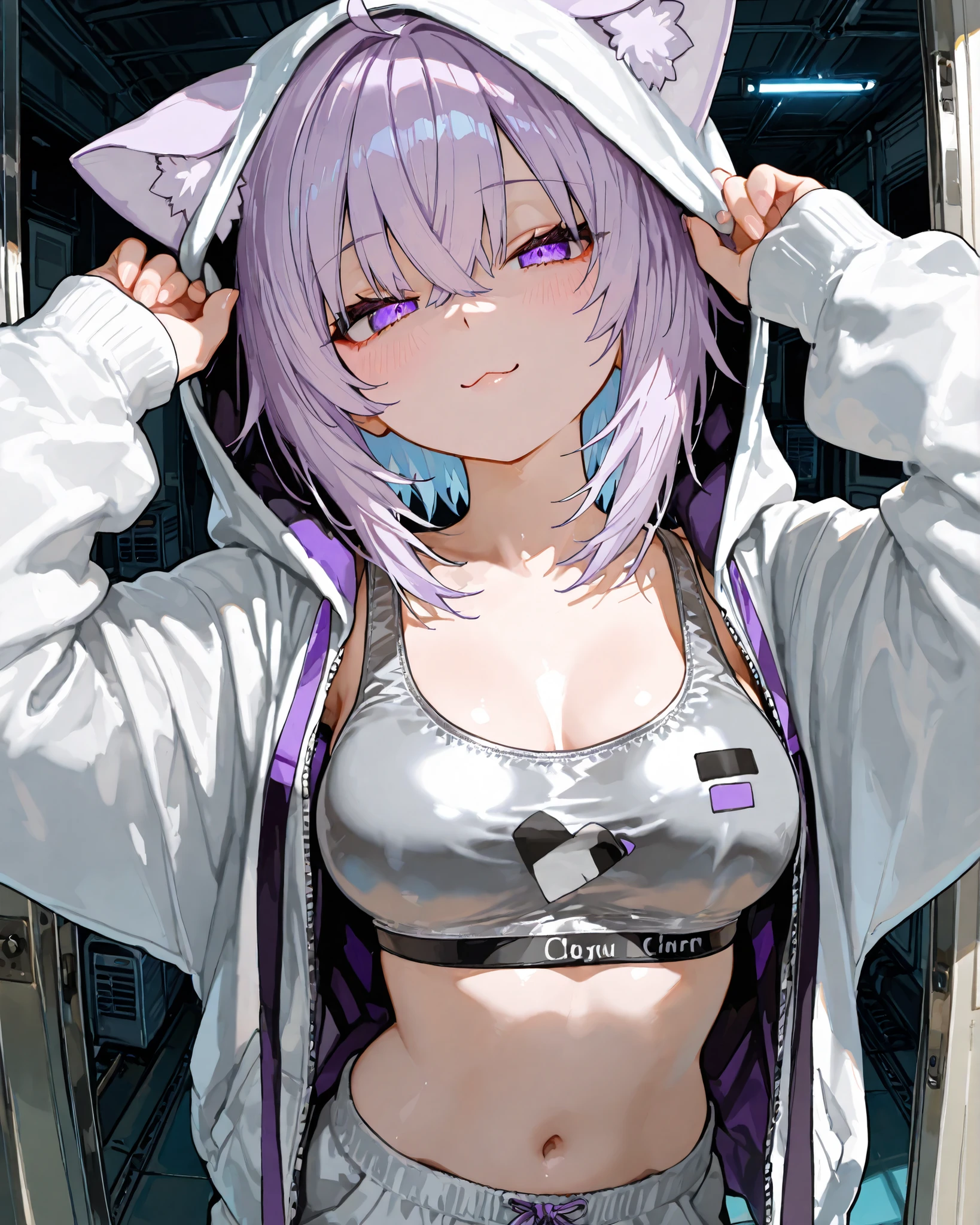 1 sexy gal ,Nekomata Okayu_(ホロライブ), solo, (masterpiece, top quality, highly detailed depiction, incredibly high resolution, high quality anime picture), (voluminous A-line silhouette), (seductive gestures),
A young woman is seen wearing a comfortable, casual outfit composed of a hoodie and matching sweatpants. The hoodie, unzipped halfway, reveals a gray Calvin Klein sports bra underneath, adding a subtle touch of branding with its band visible beneath the hoodie. contrasting against the light color of her clothing. The setting appears to be indoors, possibly in a modern, industrial-style space with visible overhead beams and ductwork. The lighting is natural and soft, suggesting daylight. The overall atmosphere is relaxed and informal, with the clothing and setting conveying a sense of leisure and comfort. Her posture, with her hands lifting the hood, suggests a casual and laid-back demeanor.sexual expression, lewd expression, pink cheeks, provocative, half-open eyes, Yandere style, posing with her body, lewd pose, high definition seductive pose, masterpiece, realistic anatomy, high quality, detail, HD, high detail, high resolution, quality, retina, very detailed, super high temperature.