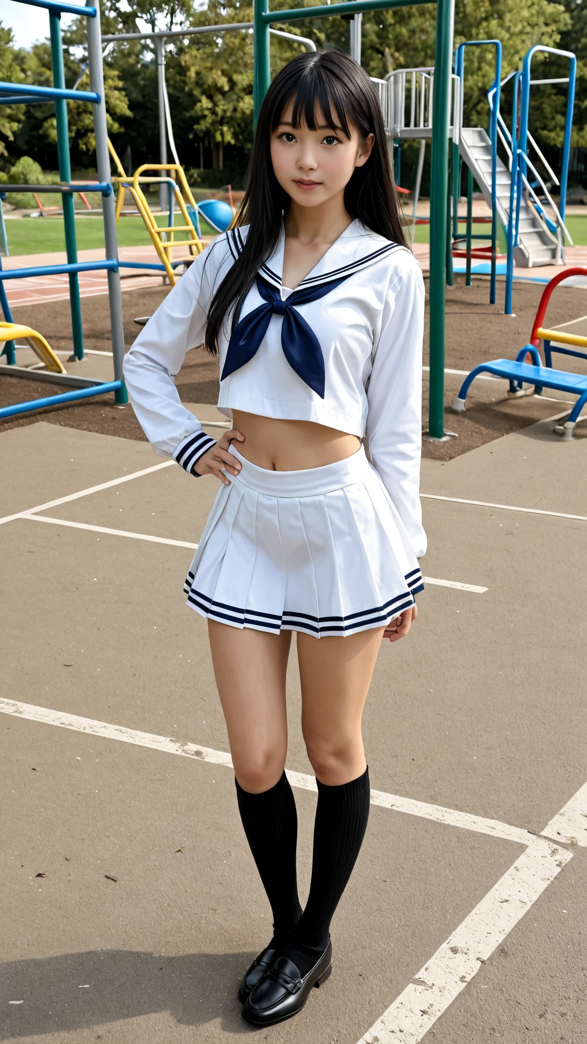 Realistic female japanese high school student standing on an empty school playground、long black hair、cute like an idol、sailor suit、mini skirt、loafers、black high socks、during an all-school meeting、full body view
