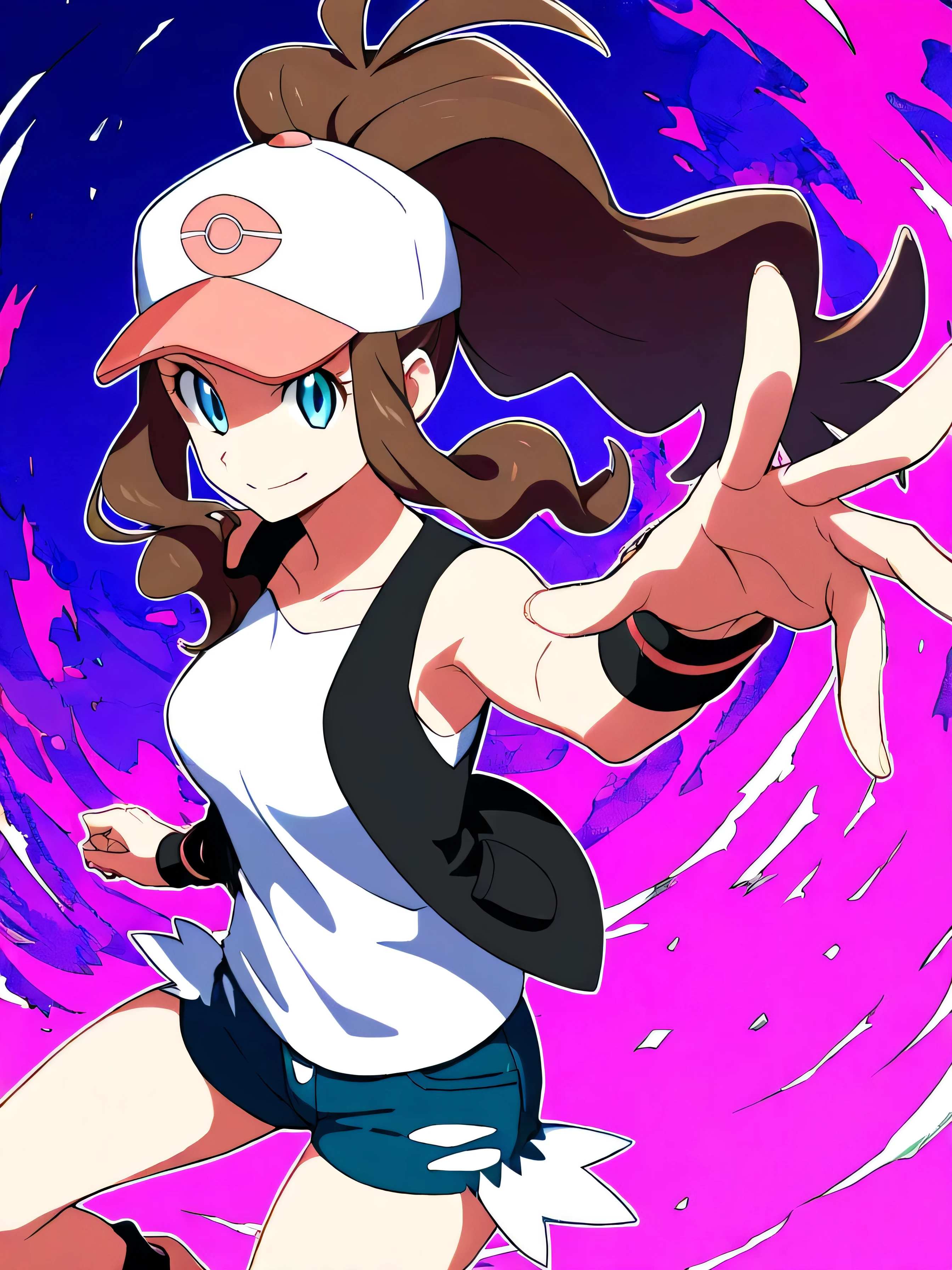 masterpiece, Highest Quality, 1girl, solo, Lashes, (beautiful eyes), dynamic pose, foreshortening, smile, watching viewers, BREAK, zz hilda, blue eyes, long hair, high ponytail, side lock, has, collarbone, white shirt, black vest, Sleeveless, wristband, shorts, denim shorts, exposed pockets, abstract background, masterpiece 、 Highest Quality 、 1 girl 、 solo 、 Lashes 、 (beautiful eyes) 、 Dynamic Poses 、 Shorthand 、 Smile Yan 、 look at who sees it 、 break 、 zzHilda 、 blue eyes 、 long hair 、 tall ponytail 、side lock、 hat 、 collarbone 、 white shirt 、 black vest 、 Sleeveless 、 wristband 、 shorts 、 デニムのshorts 、 exposed pockets 、 abstract background 、 <lora:HildaPokemon_NAI: 1.0 > 、