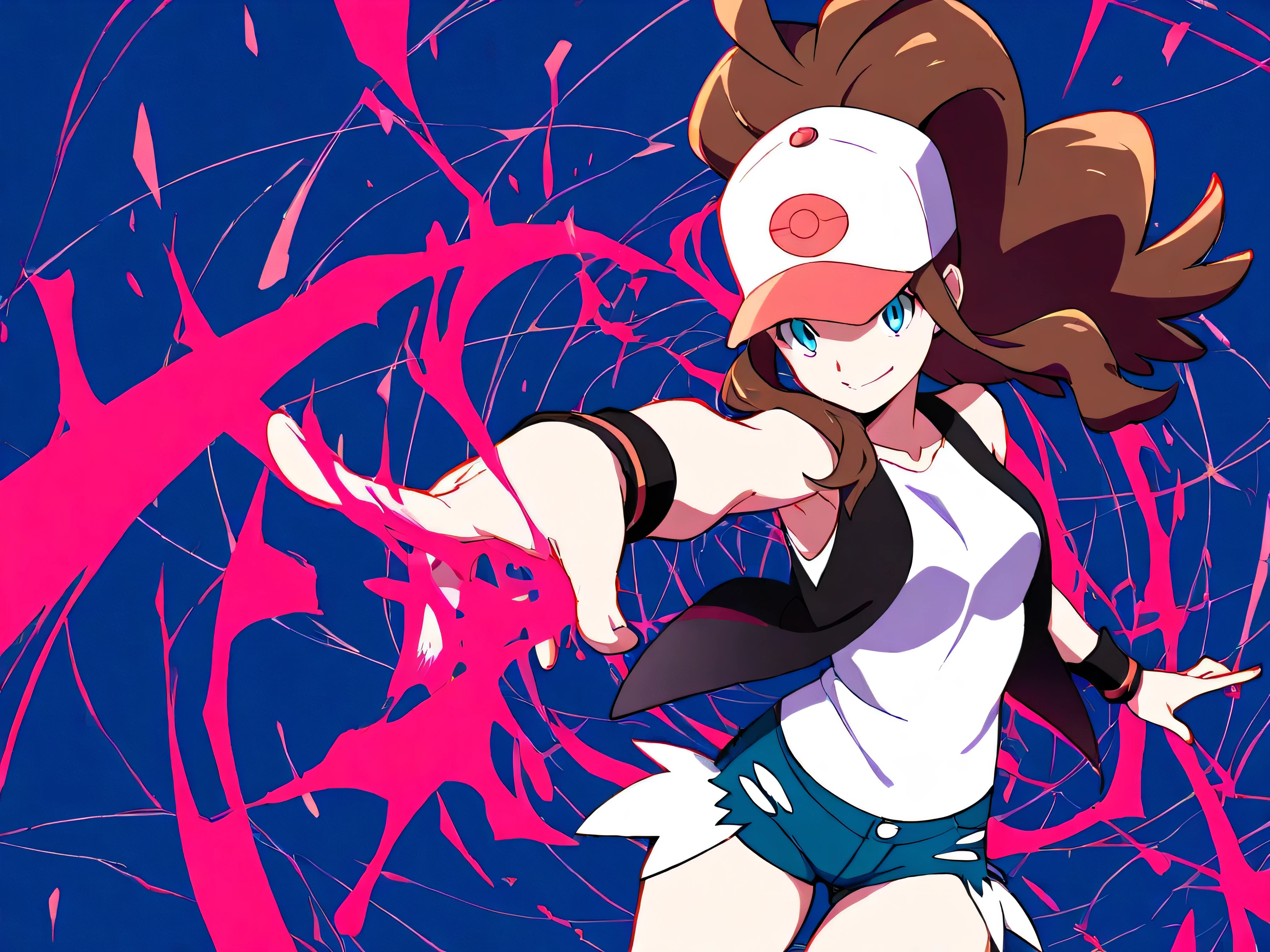 masterpiece, Highest Quality, 1girl, solo, Lashes, (beautiful eyes), dynamic pose, foreshortening, smile, watching viewers, BREAK, zz hilda, blue eyes, long hair, high ponytail, side lock, has, collarbone, white shirt, black vest, Sleeveless, wristband, shorts, denim shorts, exposed pockets, abstract background, masterpiece 、 Highest Quality 、 1 girl 、 solo 、 Lashes 、 (beautiful eyes) 、 Dynamic Poses 、 Shorthand 、 Smile Yan 、 look at who sees it 、 break 、 zzHilda 、 blue eyes 、 long hair 、 tall ponytail 、side lock、 hat 、 collarbone 、 white shirt 、 black vest 、 Sleeveless 、 wristband 、 shorts 、 デニムのshorts 、 exposed pockets 、 abstract background 、 <lora:HildaPokemon_NAI: 1.0 > 、