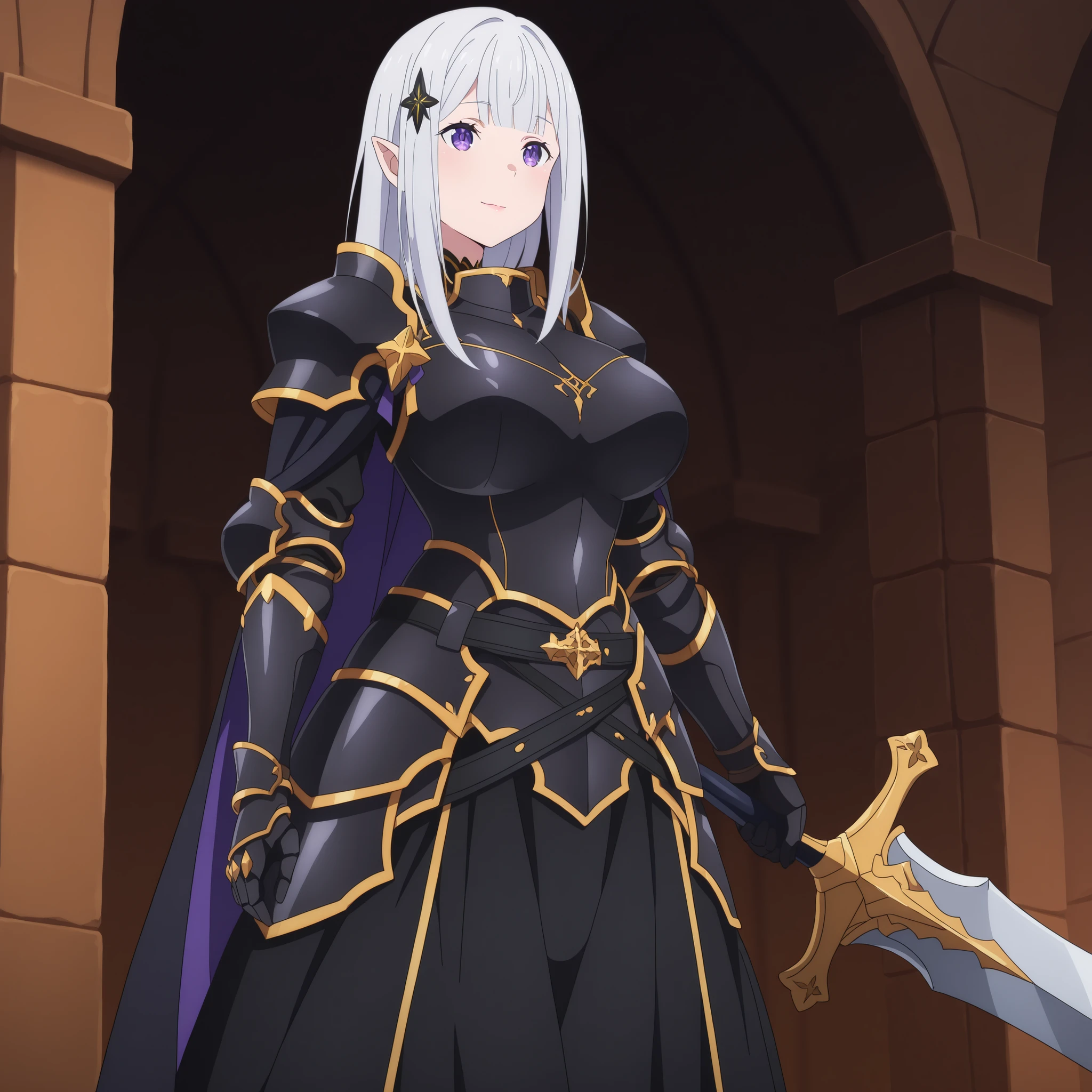 newest , masterpiece , anime screencap , anime coloring , ReZero, Solo, long dress, Satella, Anime, 1girl, Mature Female, pointy ears, hair ornament, silver hair, long hair, closed mouth, light smile, lips, purple eyes, big breasts, view detailed body, Curvy, glamorous bodies, attractive bodies,((knight, armored dress, black cape, black armor, pauldrons, gauntlets, black gloves, black belt, faulds, long skirt, black skirt,)), (((Sexy,))) big sword, holding weapon,