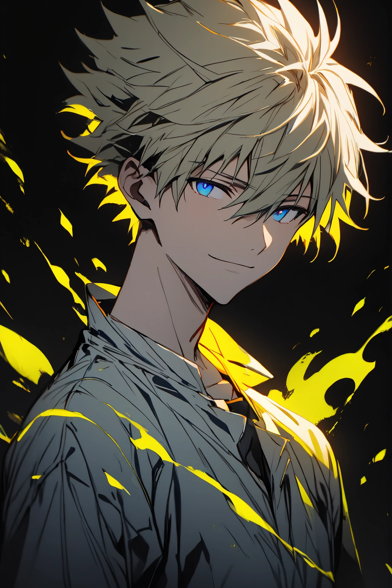 [(Black BACKGROUND:1.5),::5], ((masterpiece)), high quality, ultra very high resolution, full color, ((solo)), ((adult male)), ((men's white Short hair), (inner yellow hair), (blue eye.), light smile, anime, (upper body), (DARKNESS EFFECT:1)