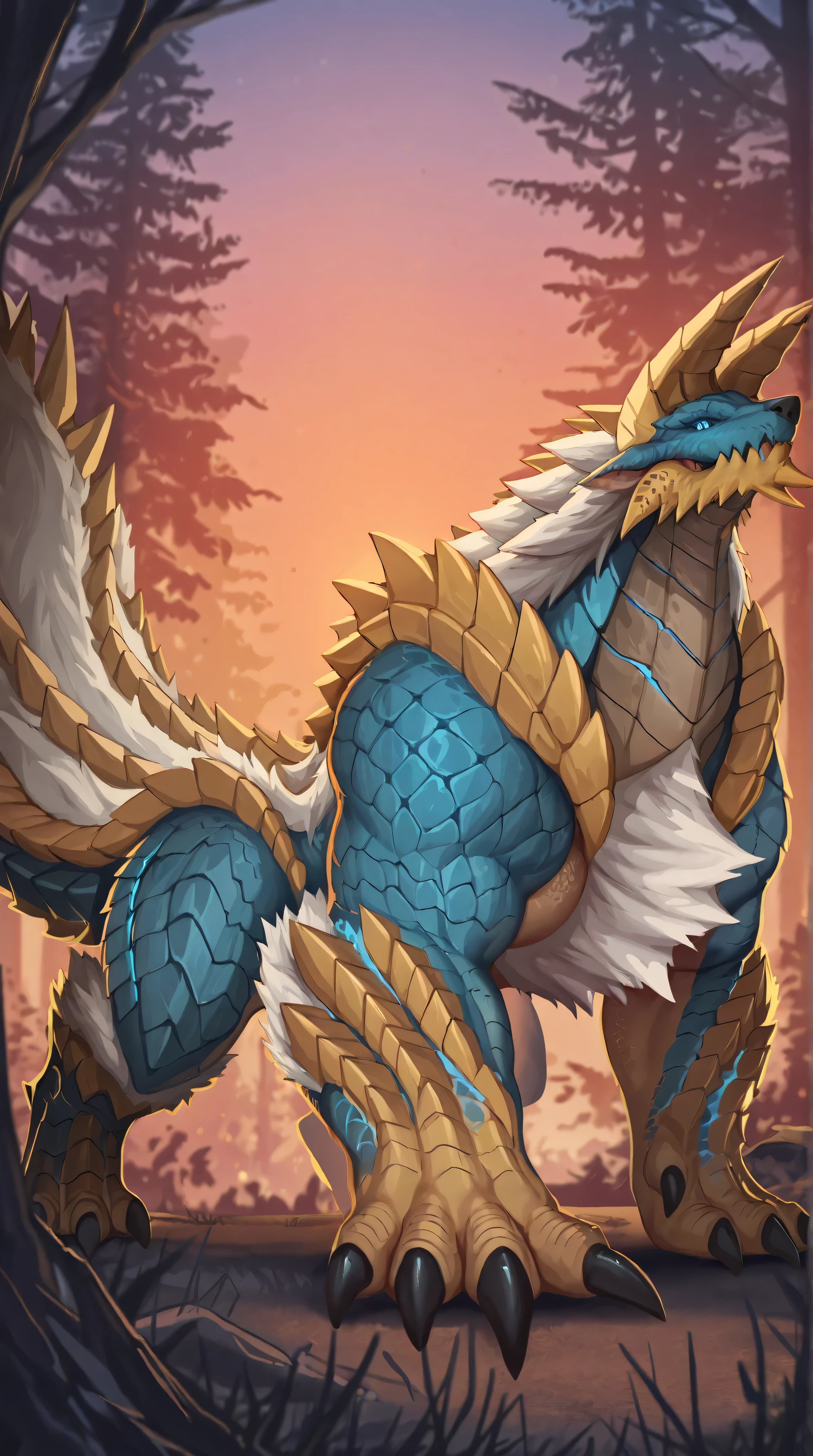 Zinogre, Feral, wolf, animal focus, tail, scales, monster hunter, best quality, high quality, absurdres, highres, dense forest background, dim light, dusk, Dsharp, SFW, wolf size