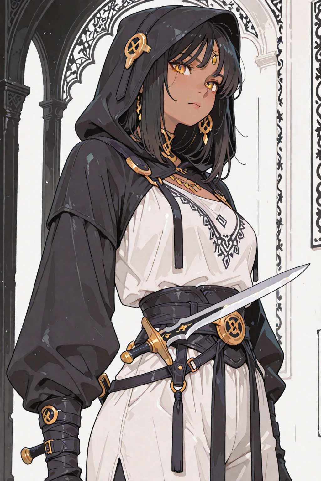 Female person, having black assassins robes from assassin creed, black hair, black wolf ears, black wolf tail, at the age of 18, with grey eyes, in a fantasy world