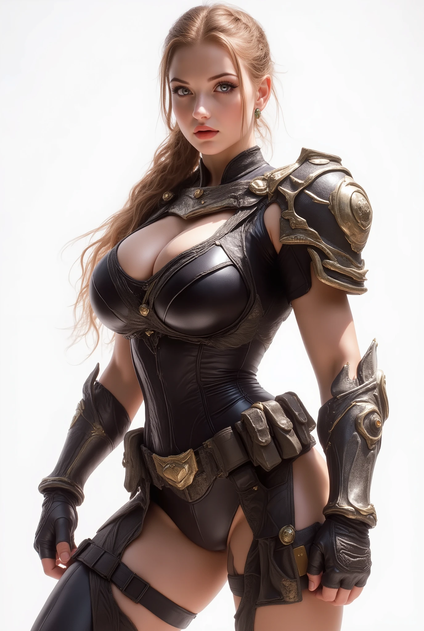  full body image Photorealistic adult warrior 18 years old girl, long blonde hair in a thick side braid, light eyes, subtle glam makeup;clean unmarked skin; confident, stoic expression. Outfit: glossy black fitted leather/latex tactical  with sculpted panels; sci-fi shoulder pauldrons,heavy gauntlets/bracers, utility belts with gold/brass buckles, thigh straps,high black gloves; minimal jewelry (small hoop earrings).Composition & Camera: three-quarter portrait from mid-thigh up, dynamic power pose, slight turn toward camera;studio, seamless pure white background; eye-level 85mm look, shallow depth of field with eyes tack-sharp.Lighting & Finish: high-key beauty lighting with softbox key and clean rim highlights to emphasize specular shine on armor;crisp edges, ultra-detailed textures (leather grain, metal hardware), UHD, HDR, editorial quality
