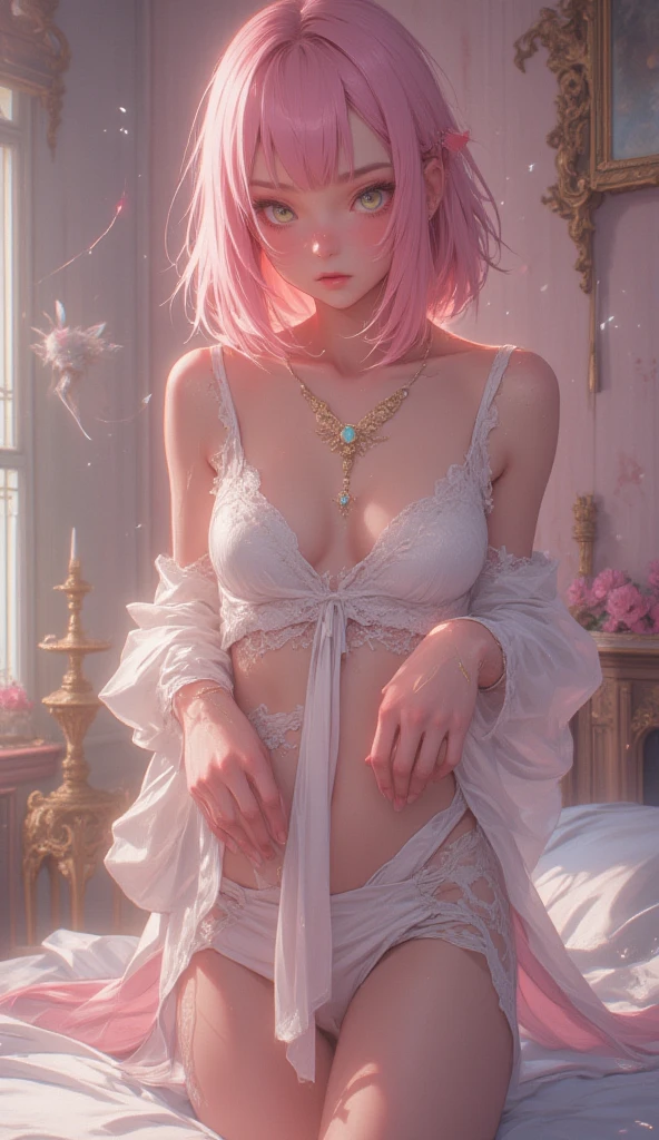 faery, Skinny, little chest, beatiful face, Depraved, Sexy, in a transparent nightie