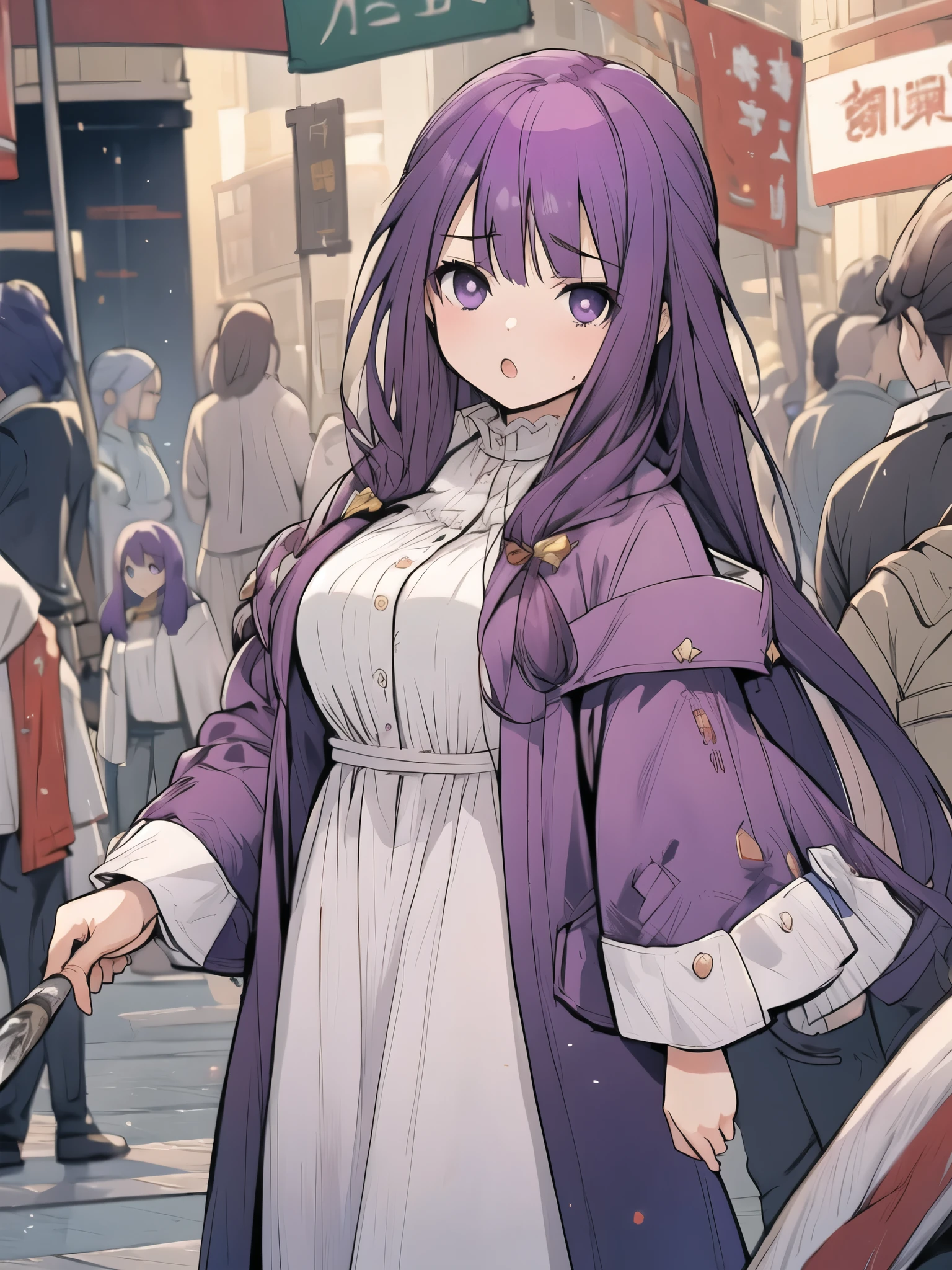 (Highest Quality:1.3),(masterpiece:1.3),([Illustration]:1.3),(ULTRA DETAIL:1.3),(imidshot below flow:0.9), solo,
BREAK, annoyed,  long hair, Bang, (purple eyes:1.1), purple hair, side lock, blunt Bang, bright students, half up, BREAK SHIRT, dress, jacket, white shirt, open clothes, Food, white dress, long Food down, 
BREAK, 1girl, big breasts , watching viewers,  masterpiece, standing, フロー以下, purple hair, (purple eyes:1.2),
BREAK,   Fern, 16 years old, Unfortunate, annoyed